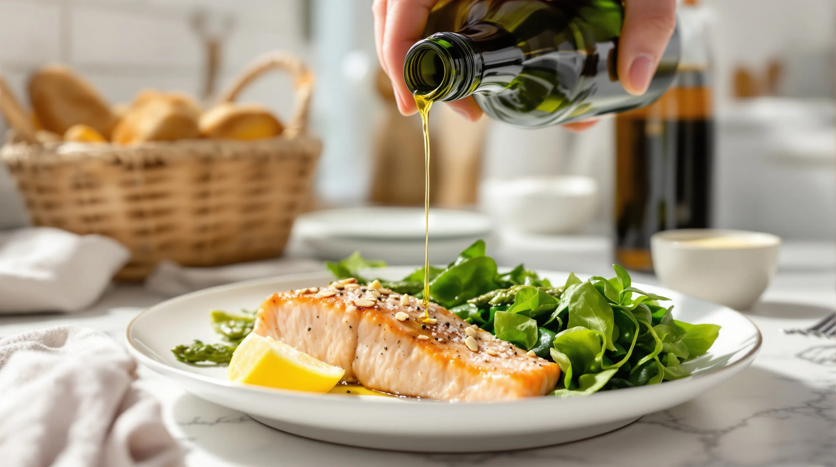 Hand drizzles olive oil over salmon and greens for LCHF meal.