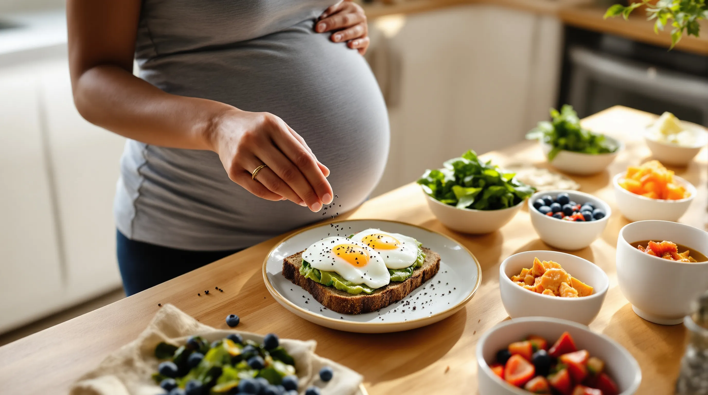 Pregnant woman assembling a balanced breakfast with toast, eggs, fruit, and sides.
