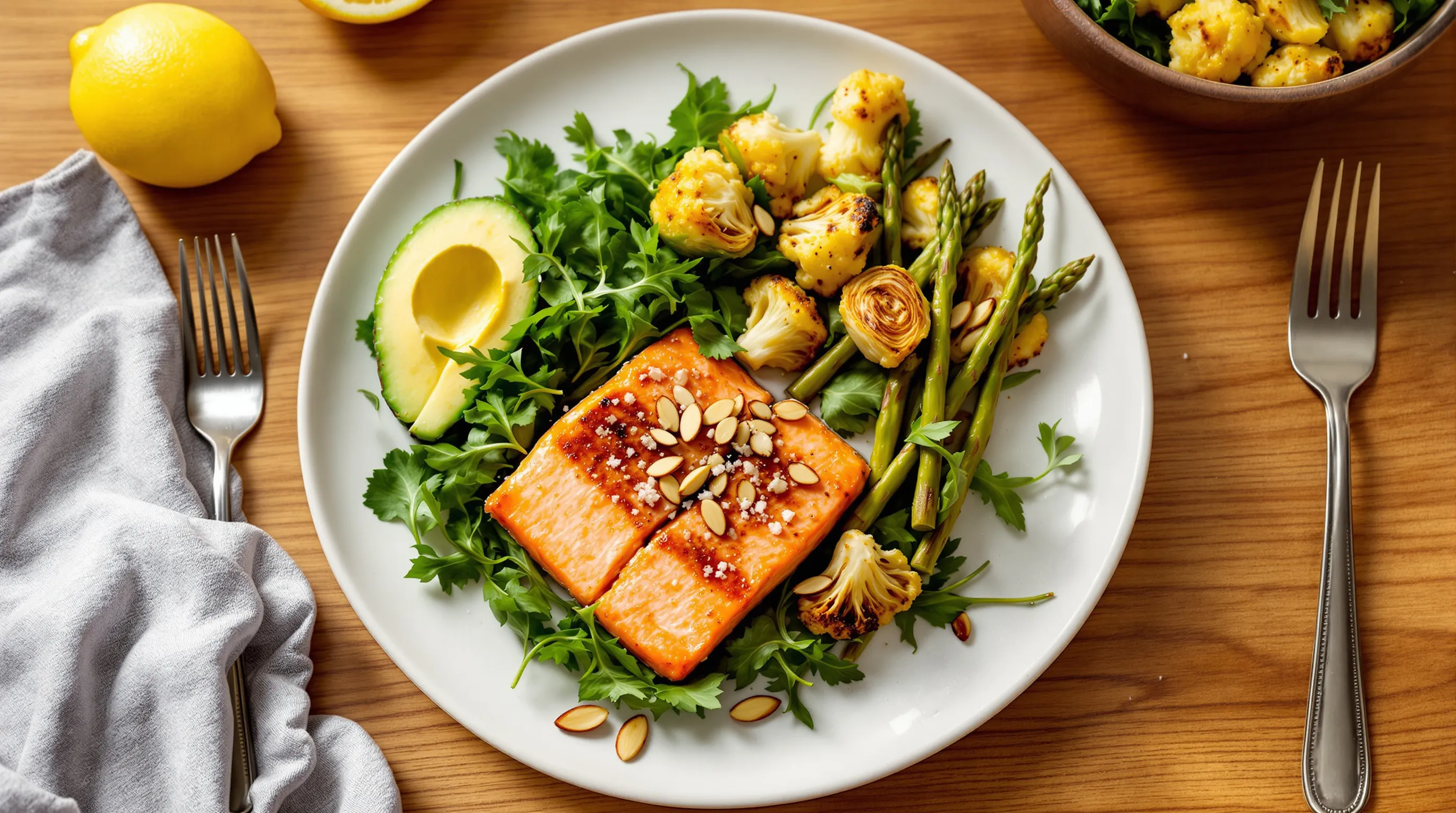 Lemon-garlic salmon LCHF plate with avocado, roasted veggies, and pesto.
