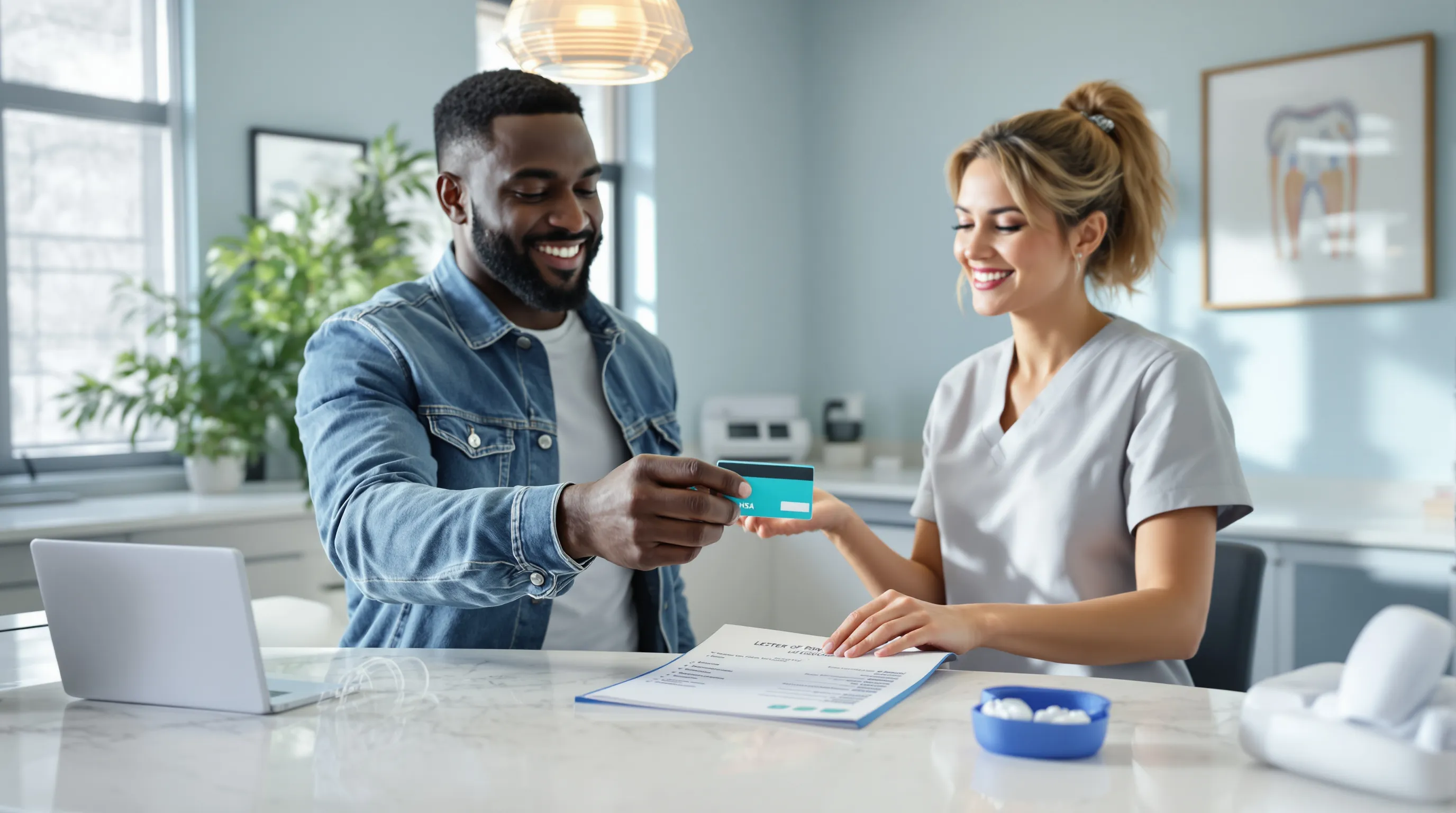 Patient uses an HSA card at a U.S. dental clinic reception.