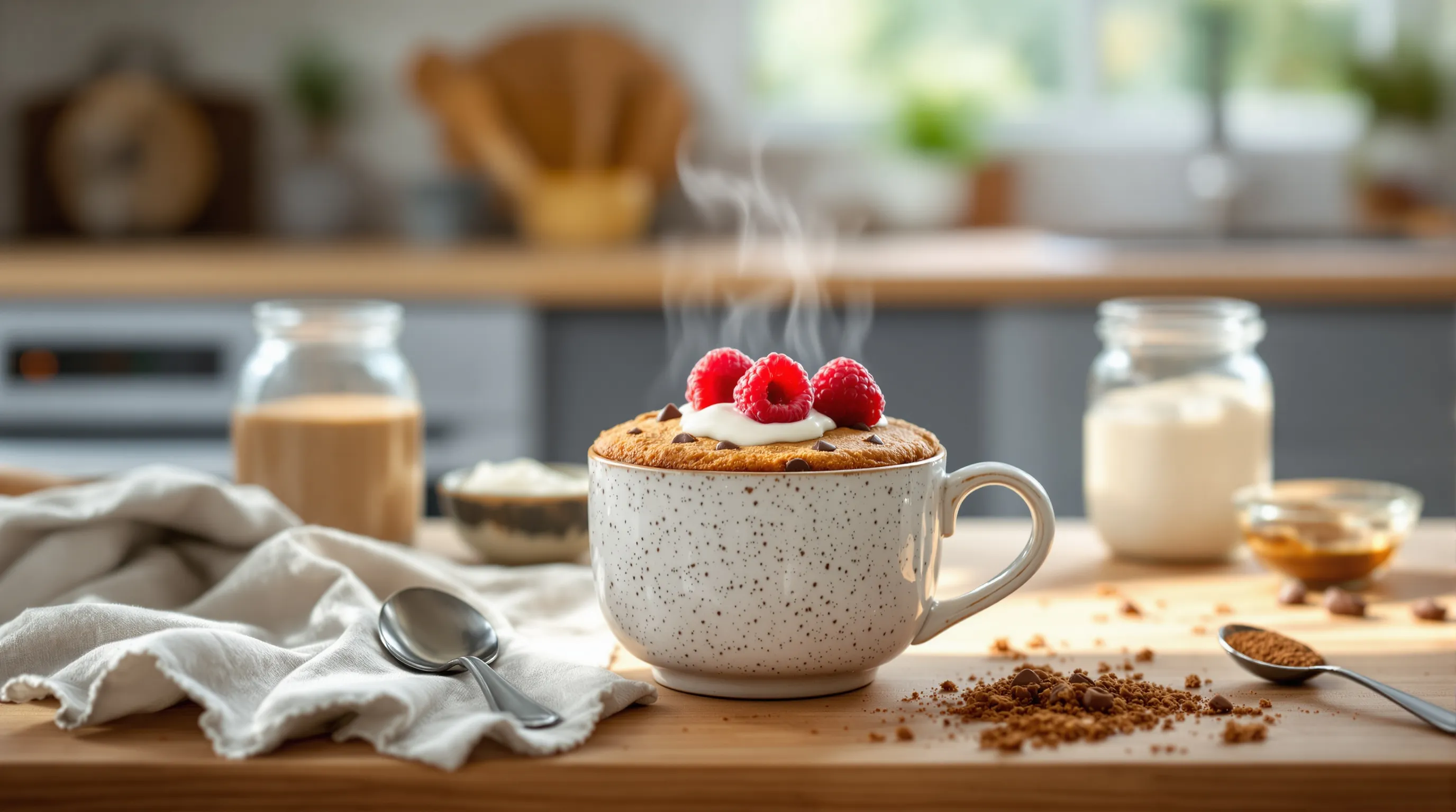 Steaming chocolate mug cake with yogurt and berries on a sunny kitchen counter.