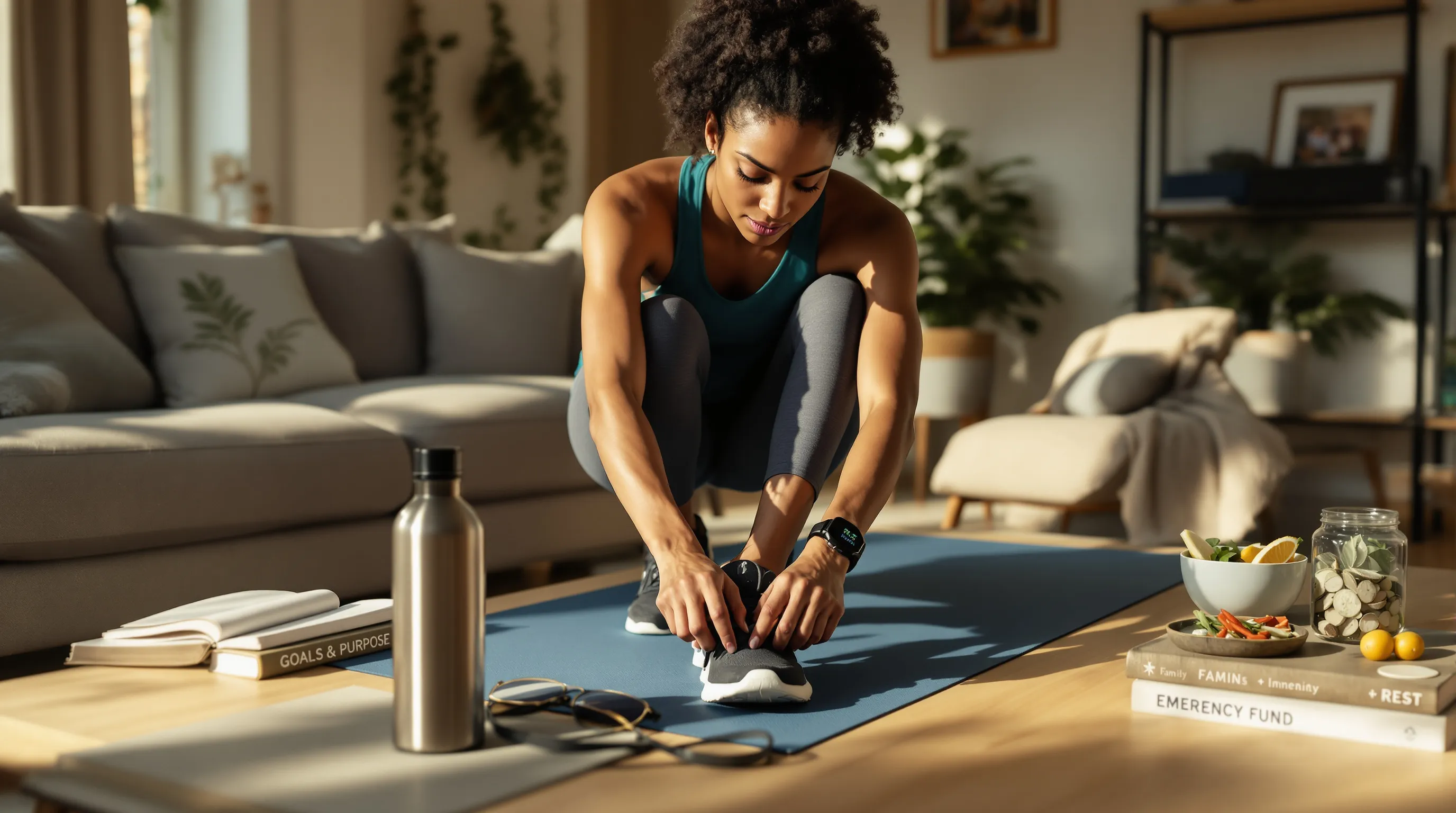 Woman tying running shoes amid wellness tools and well-being symbols at home.