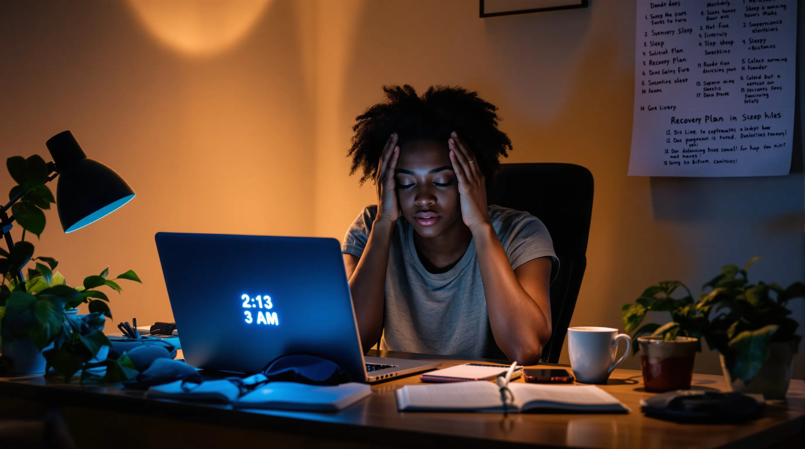 Exhausted worker at 2 a.m. desk with crossed-off calendar and clutter.