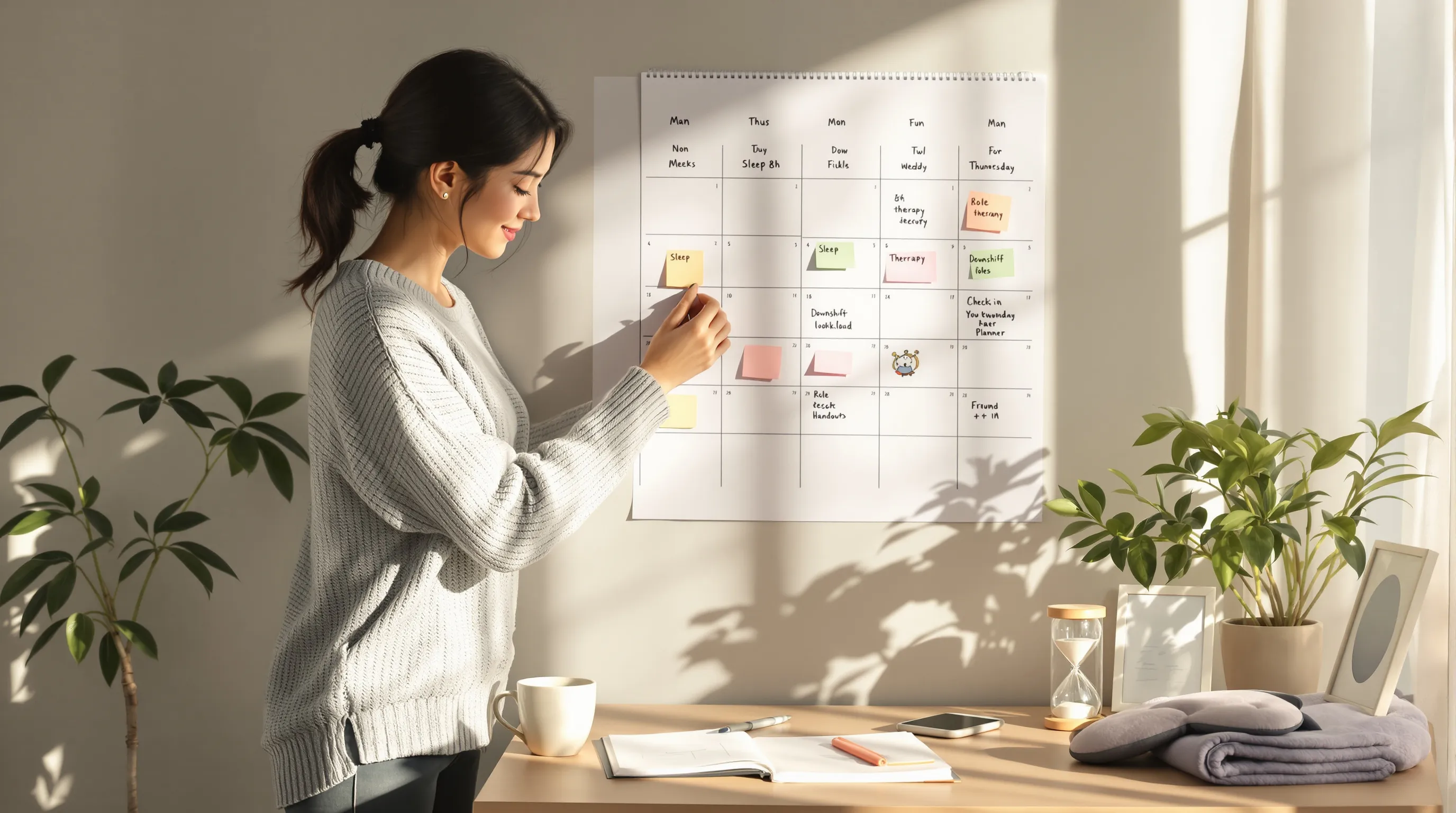 Woman marking months on a recovery calendar in a sunlit home office.