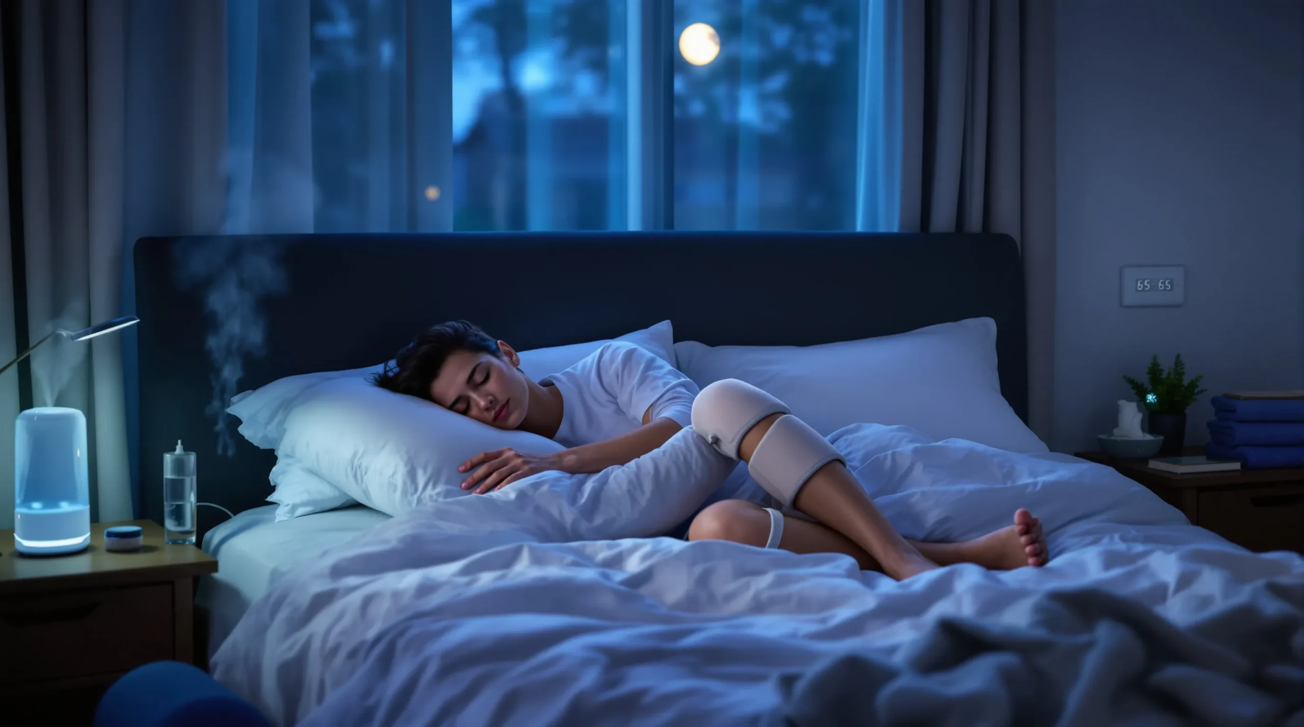 adult sleeping on side with knee pillow humidifier misting in a cool bedroom
