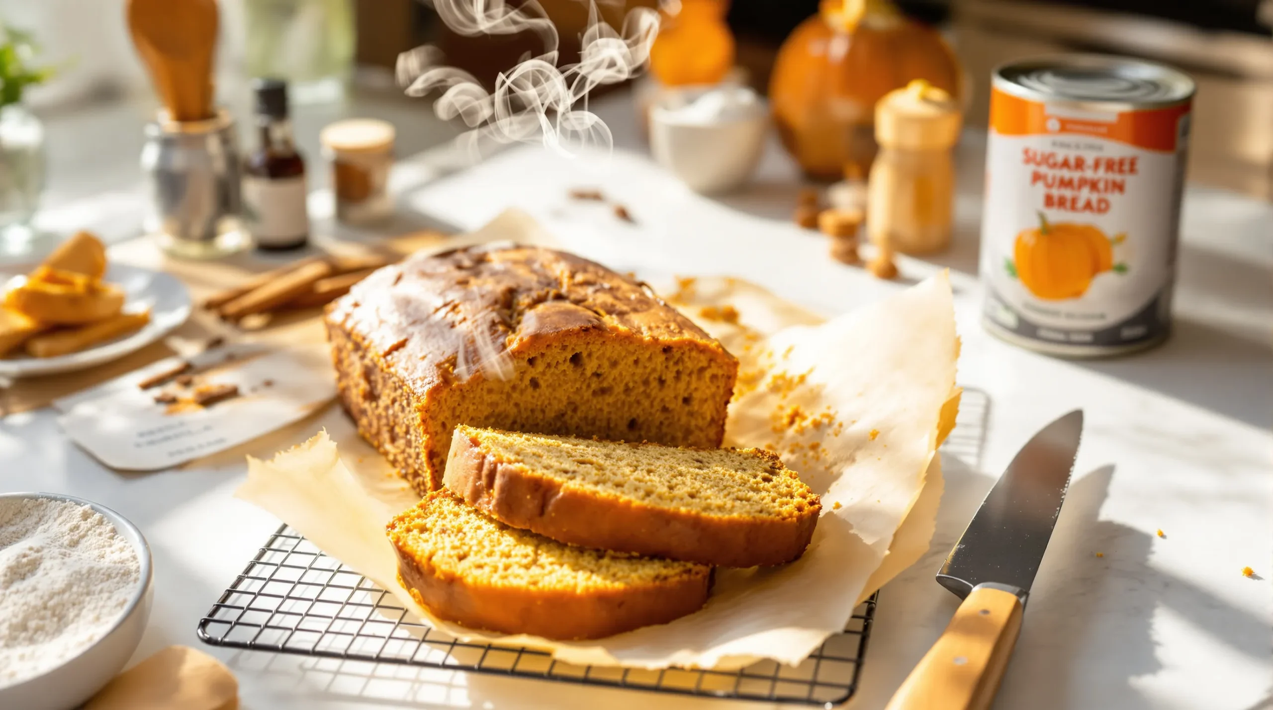 freshly sliced sugar free pumpkin bread on a cooling rack in warm light