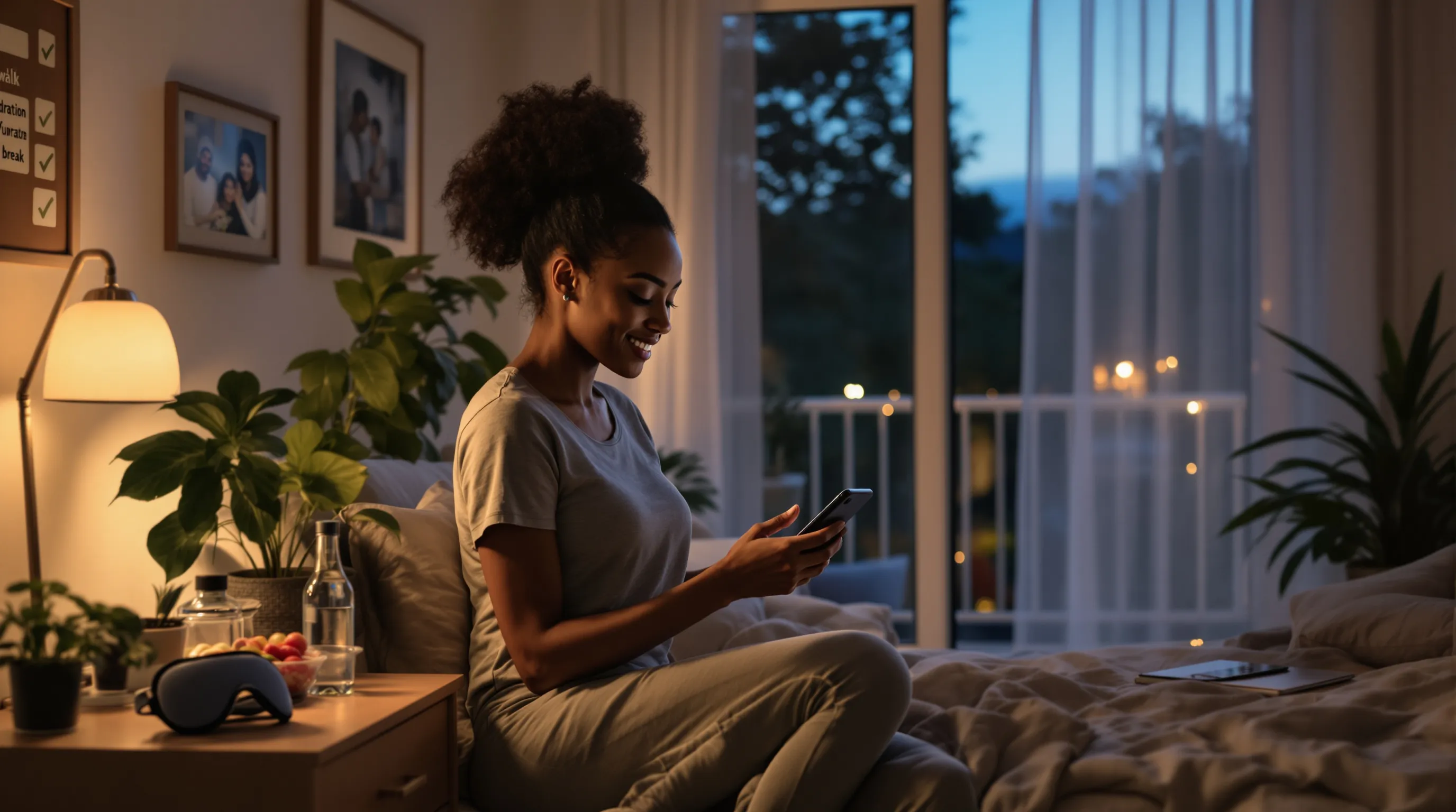 Woman sets a bedtime alarm in a calm, well-organized apartment at dusk.