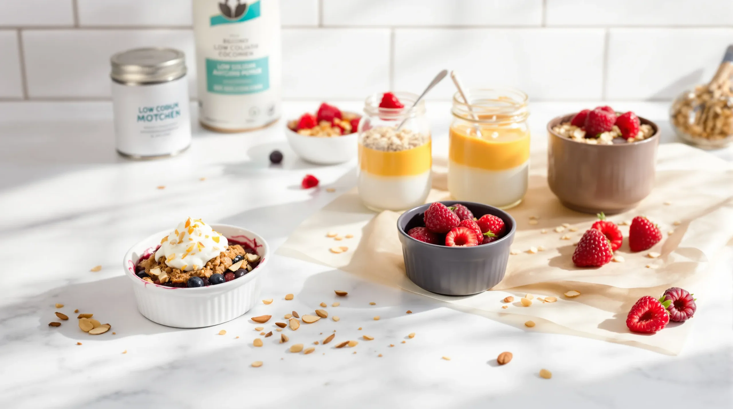 low sodium fruit crisp with chia pudding and unsalted ingredients in kitchen