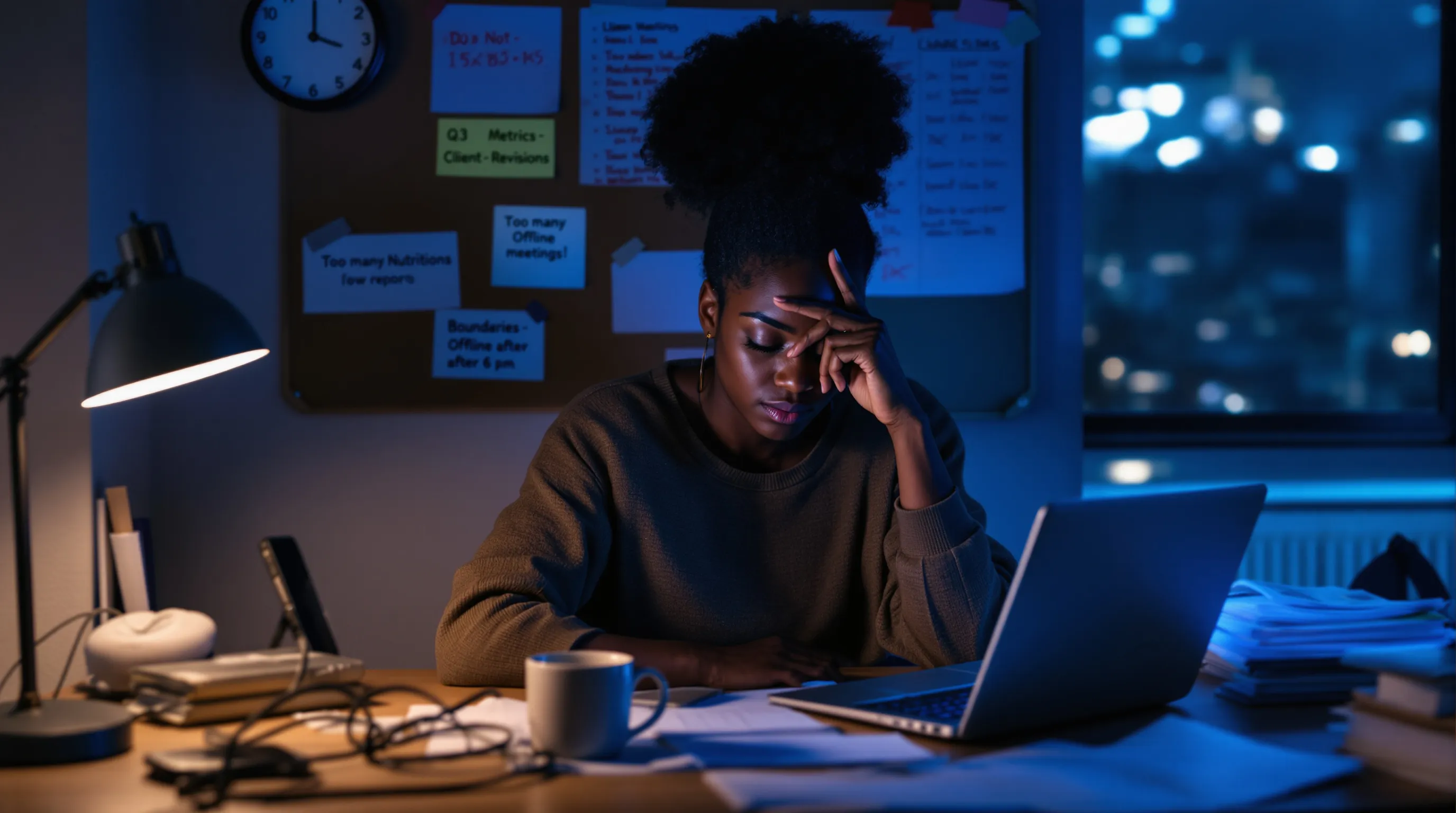 Tired professional at a late-night desk, turning on Do Not Disturb.