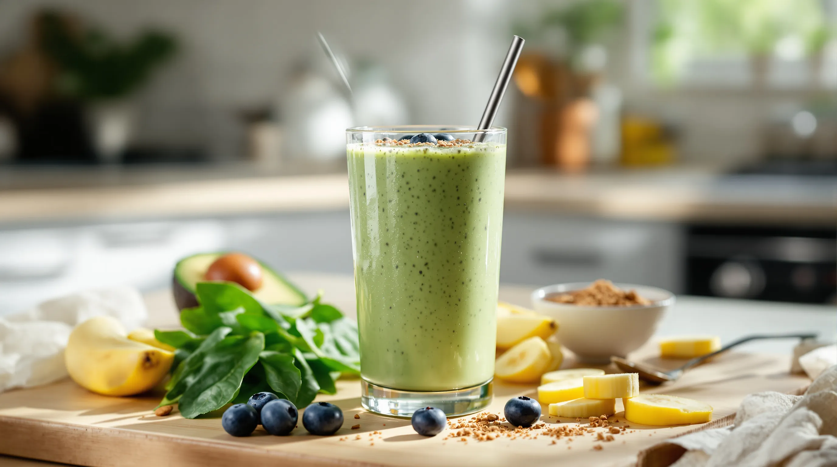 Green feel-good smoothie with whole-food ingredients on a sunlit kitchen counter.