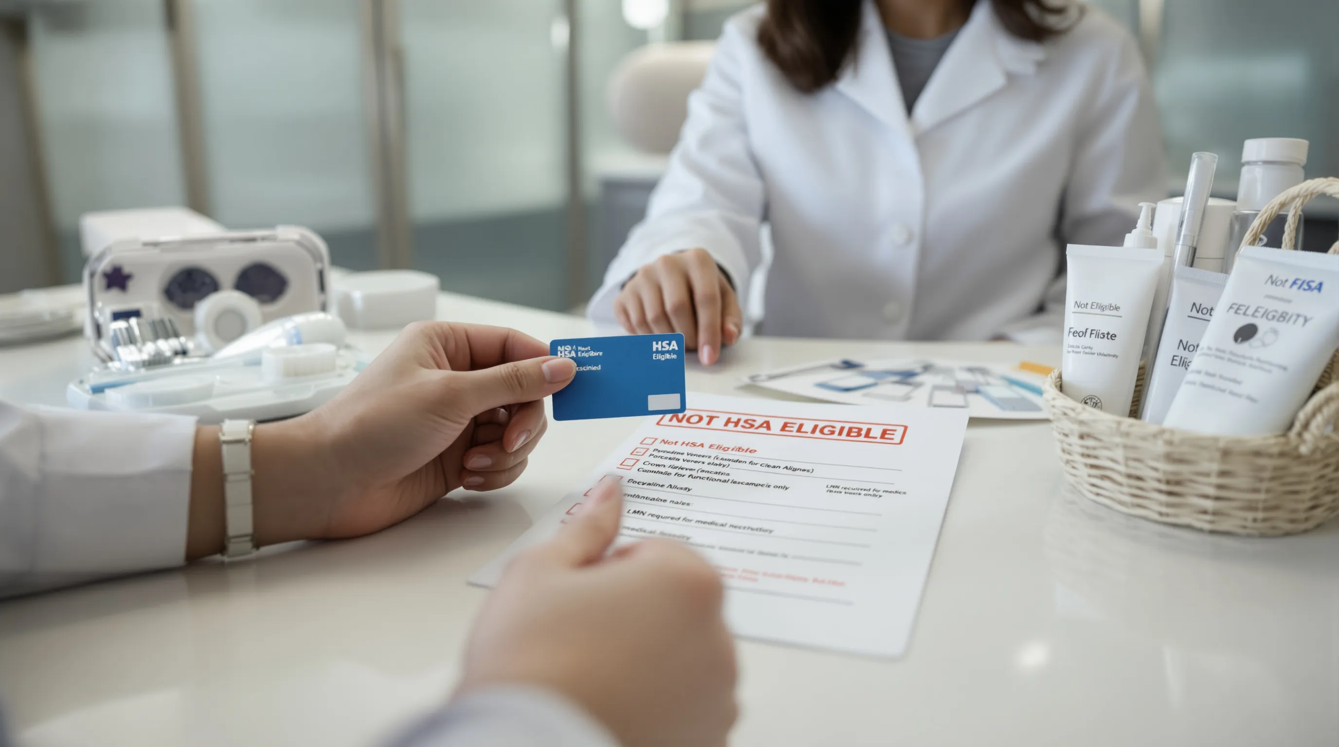 Dentist shows “Not HSA-Eligible” cosmetic treatments as patient holds HSA card.