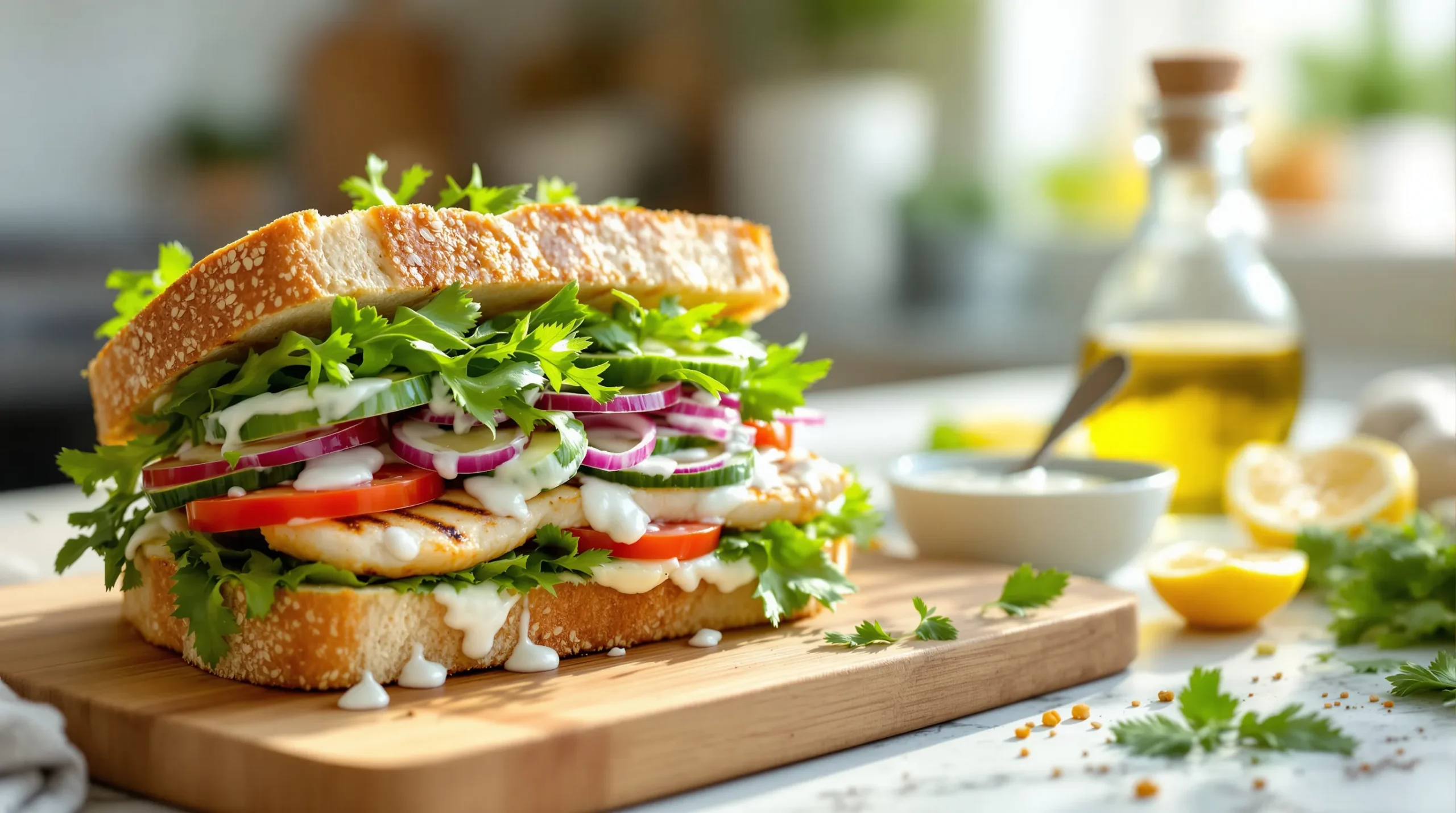 whole grain chicken sandwich with yogurt herb sauce and fresh veggies