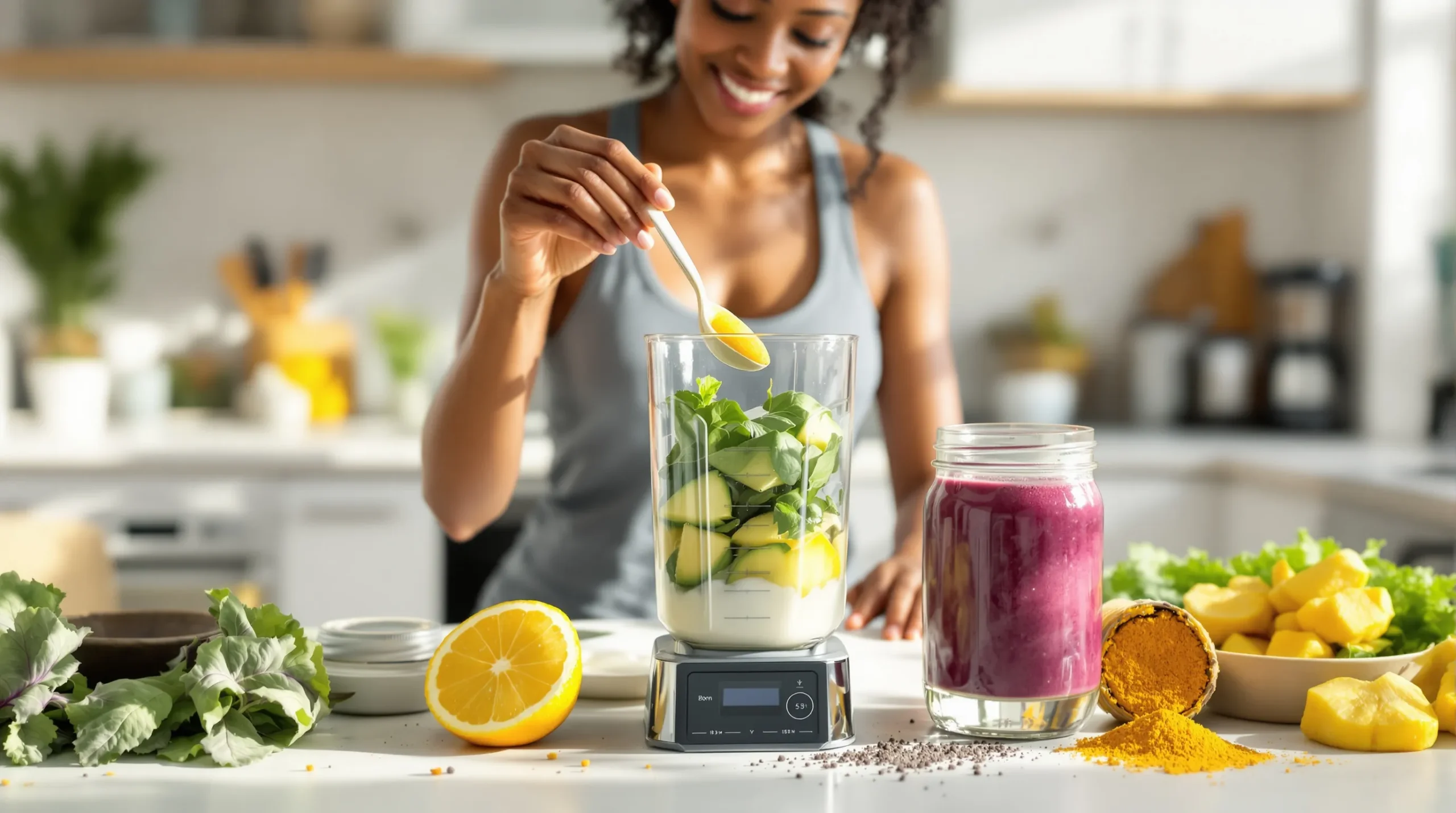 woman measuring chia into a blender beside three balanced detox smoothies
