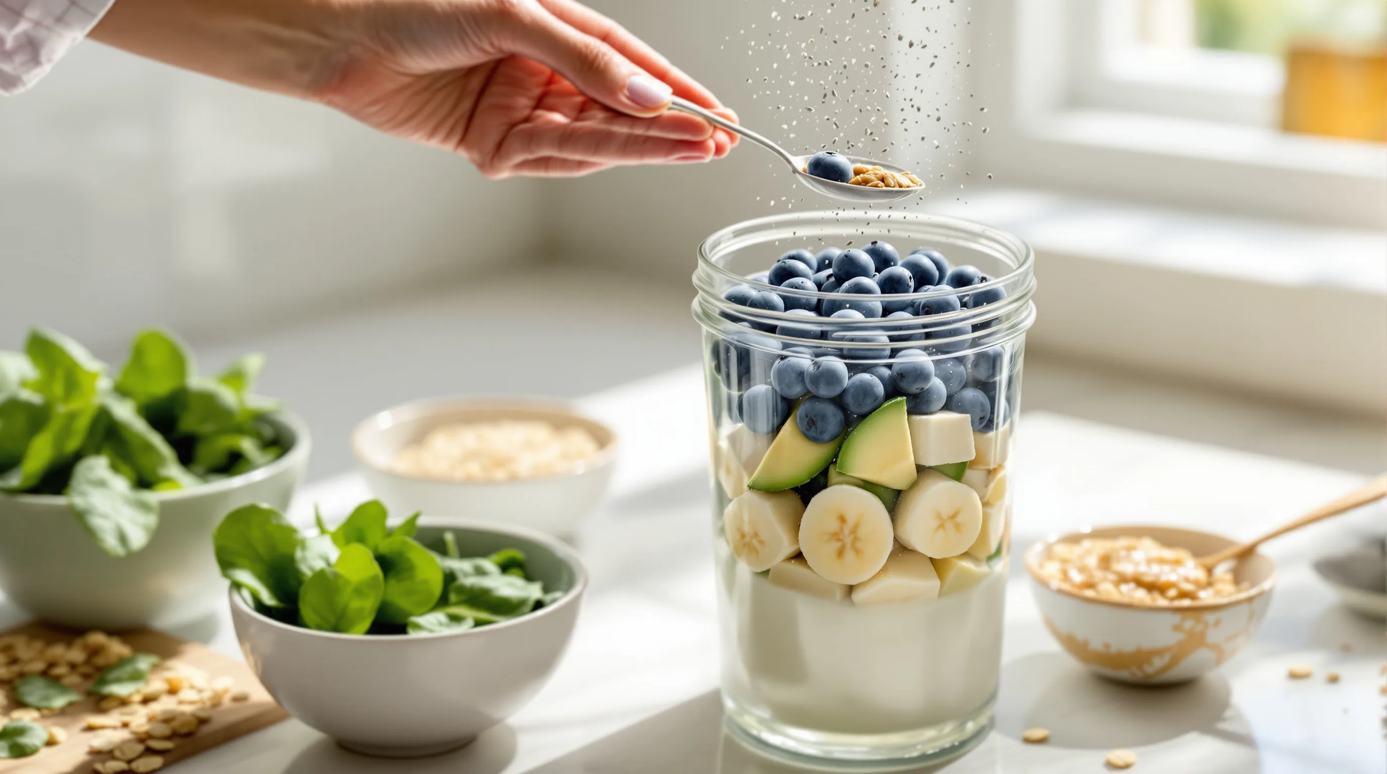 Hand sprinkles seeds into layered smoothie ingredients in a blender.