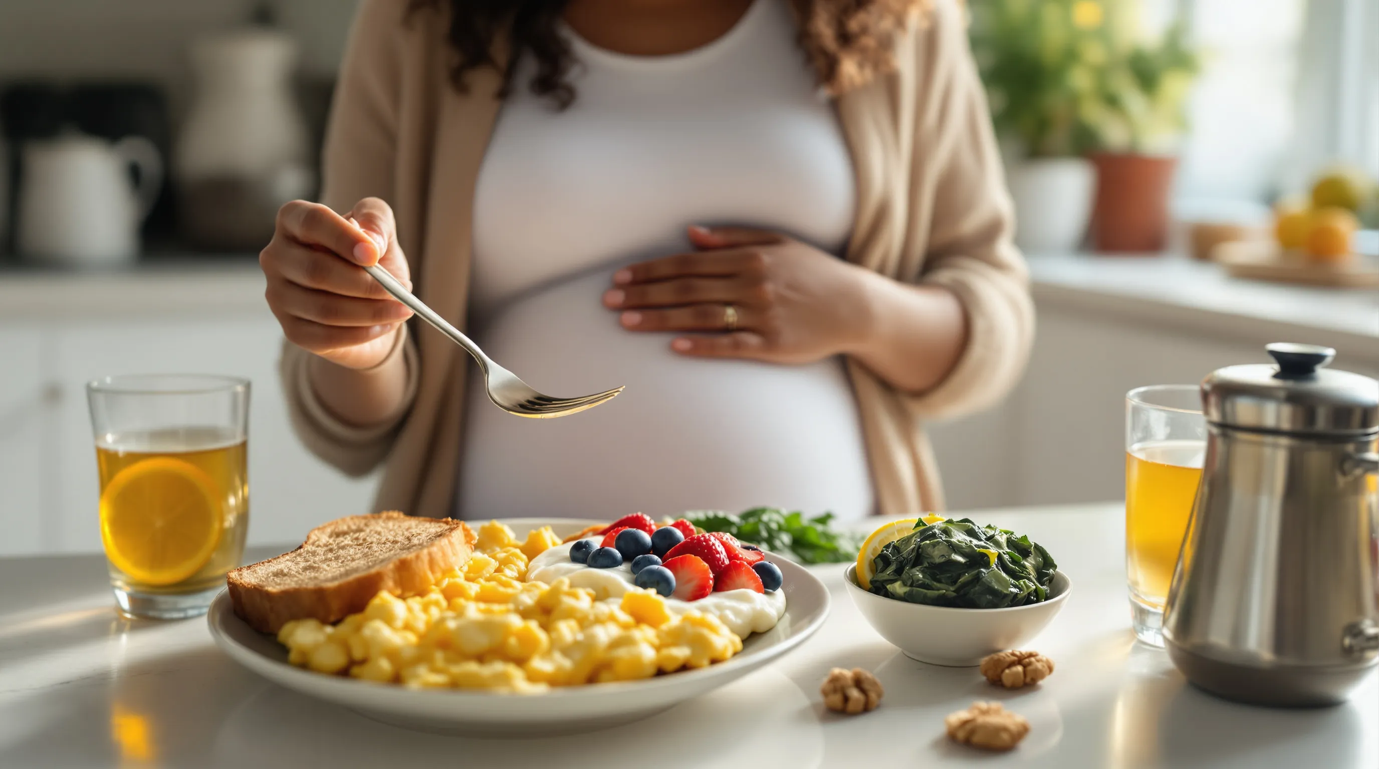 Pregnant woman eating a balanced, protein-rich breakfast with water and tea.