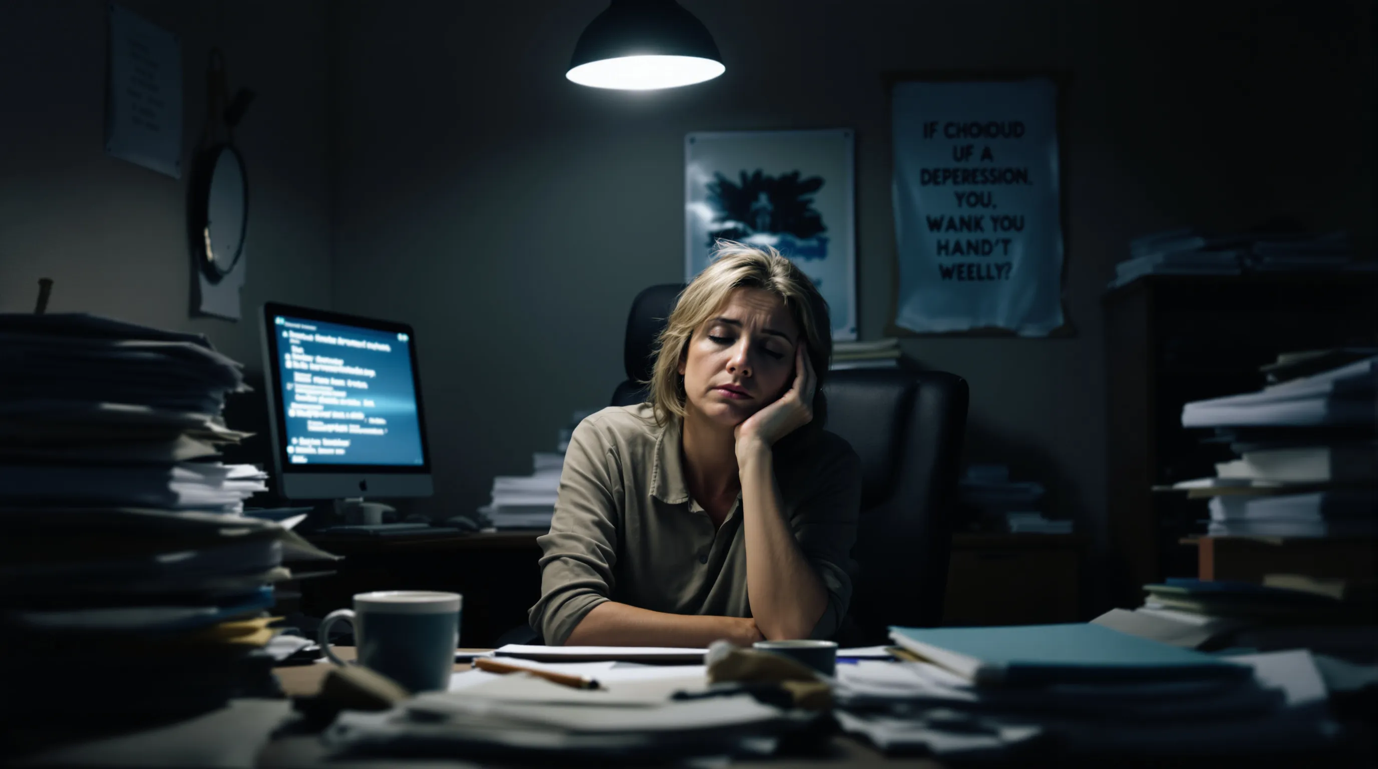 A tired woman at a cluttered desk, symbolizing emotional burnout.