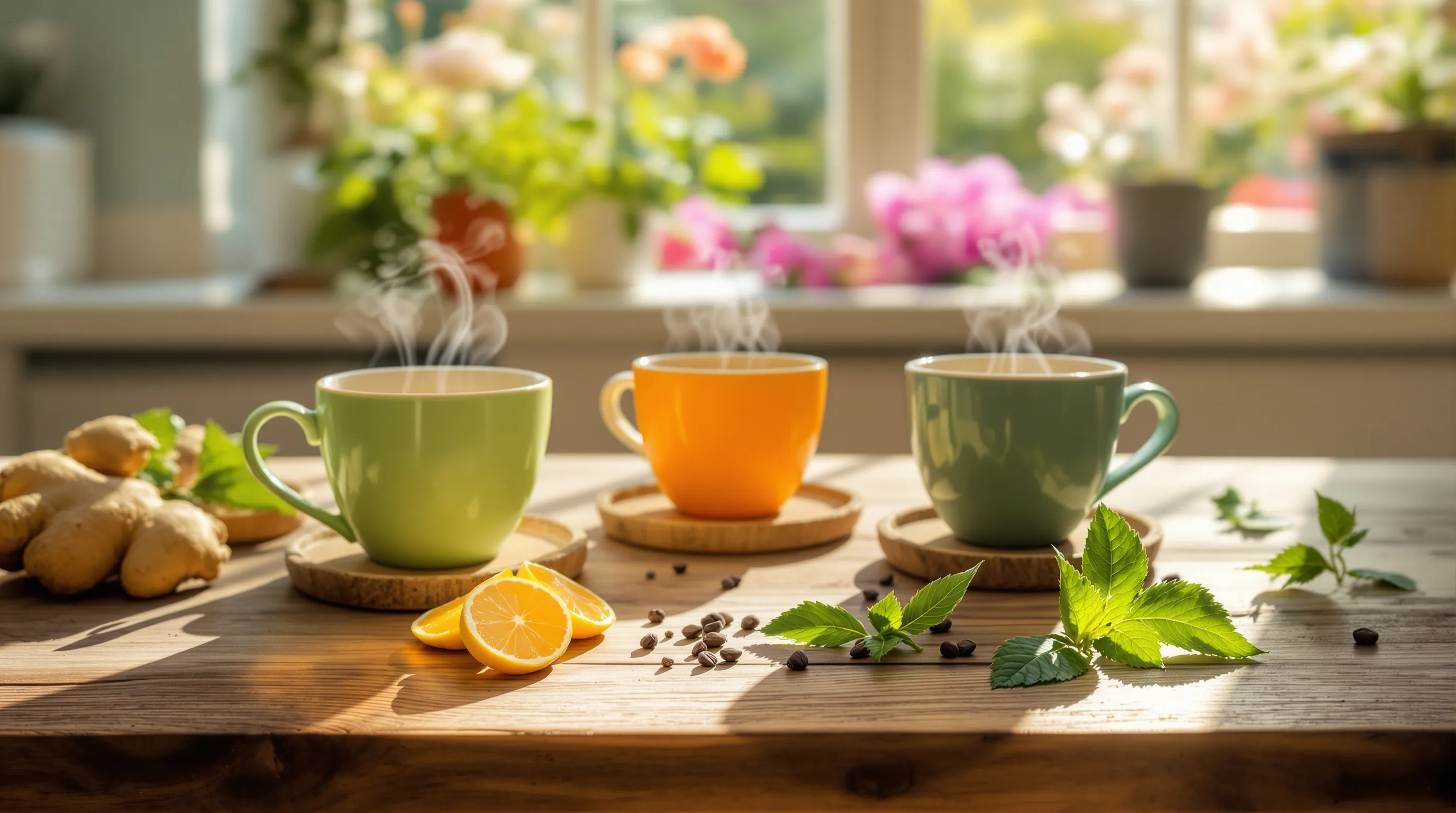 three cups of herbal teas on a wooden table in a sunny kitchen.