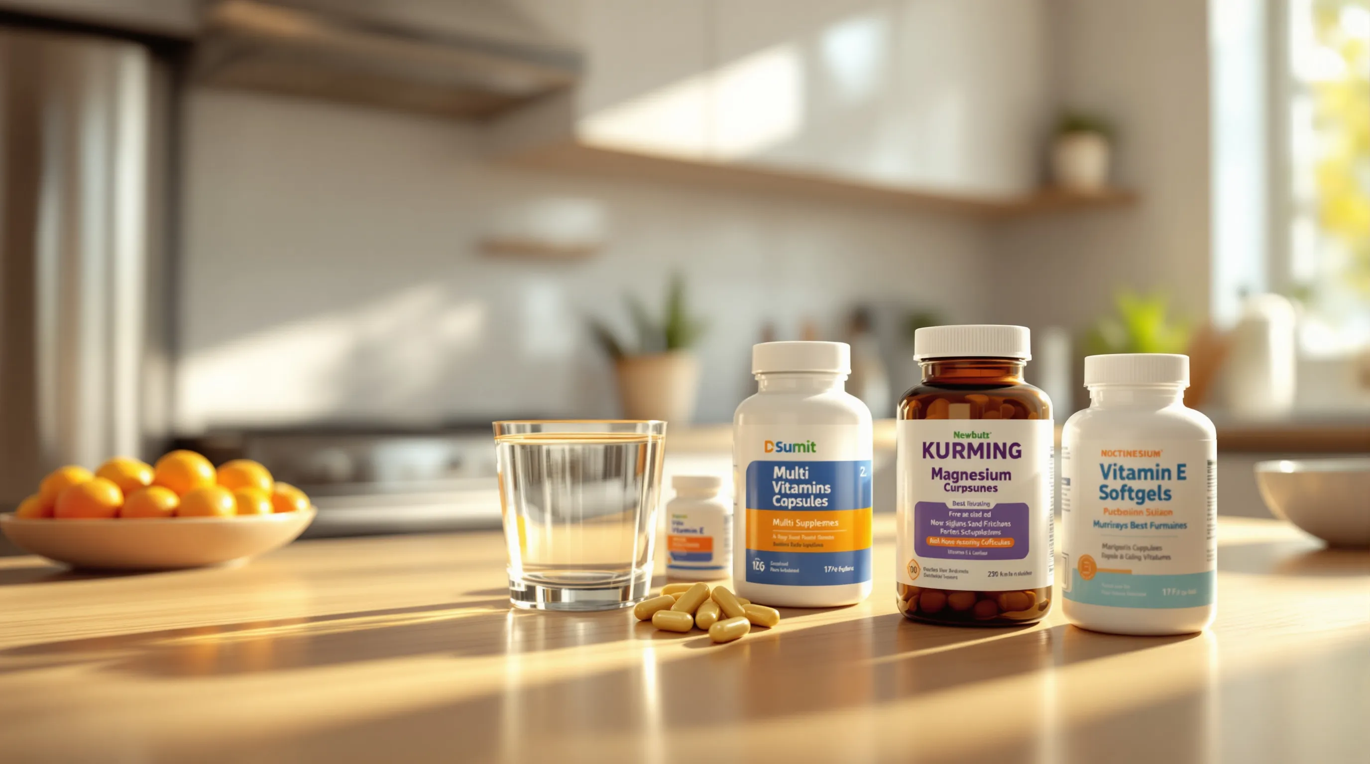 an array of dietary supplements on a wooden kitchen table.