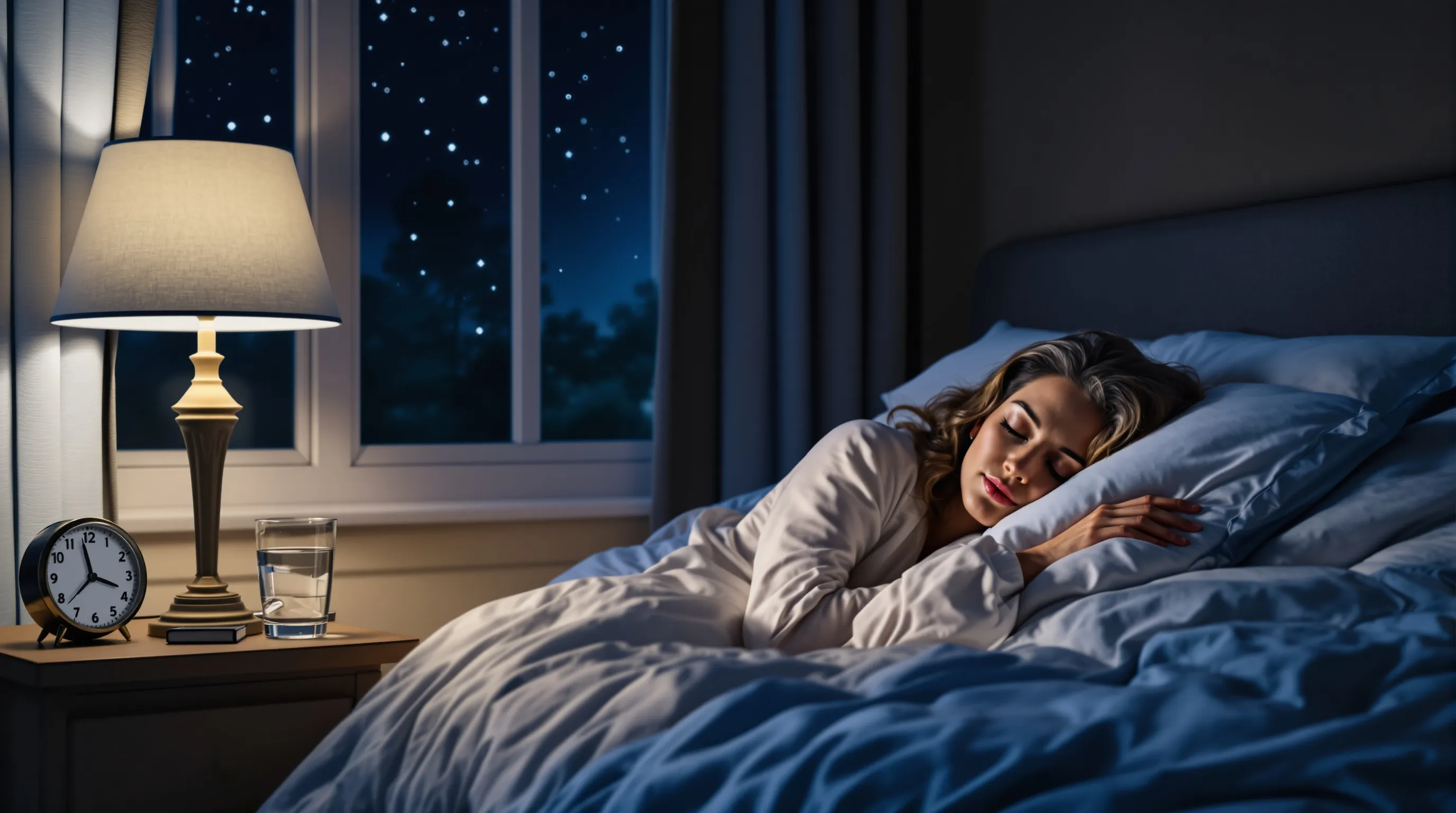 a woman sleeping peacefully in a cozy bedroom at night.