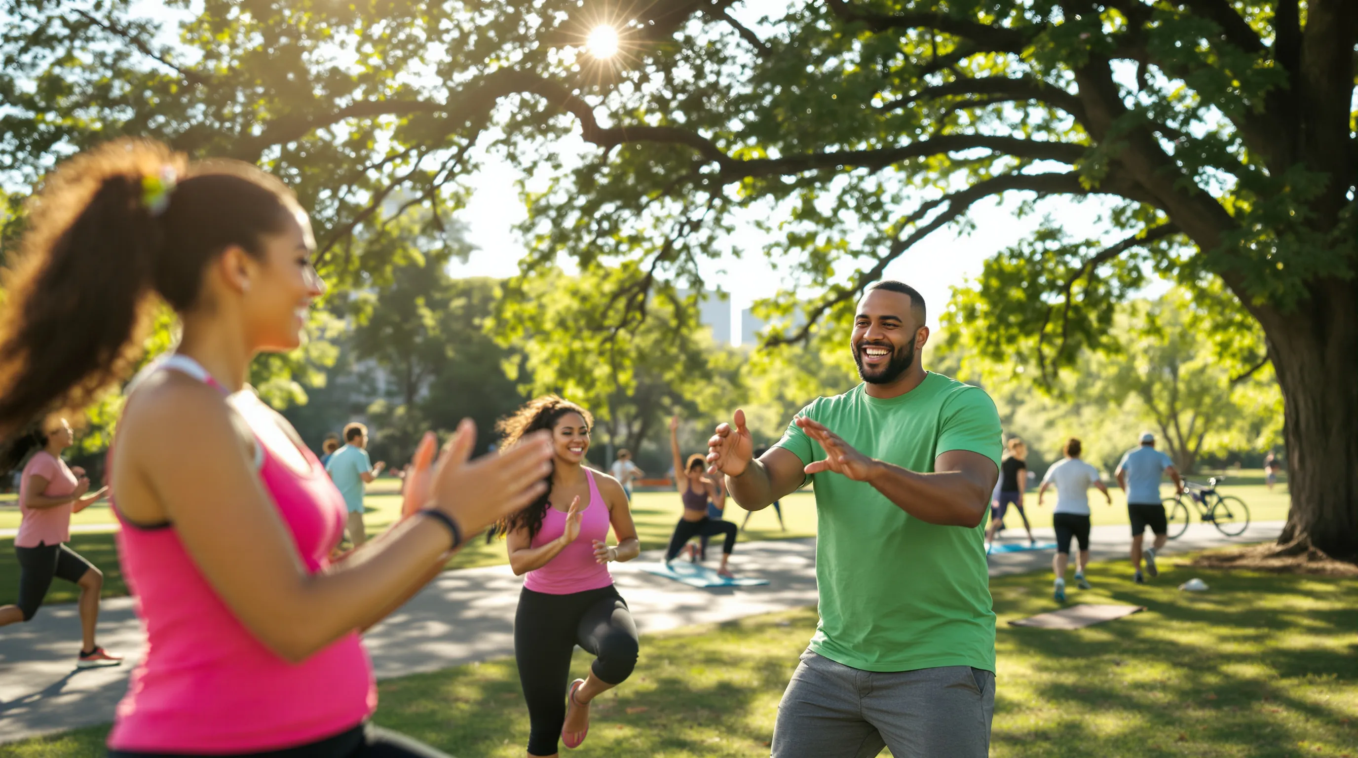 a diverse group of friends exercising together in a sunny park.