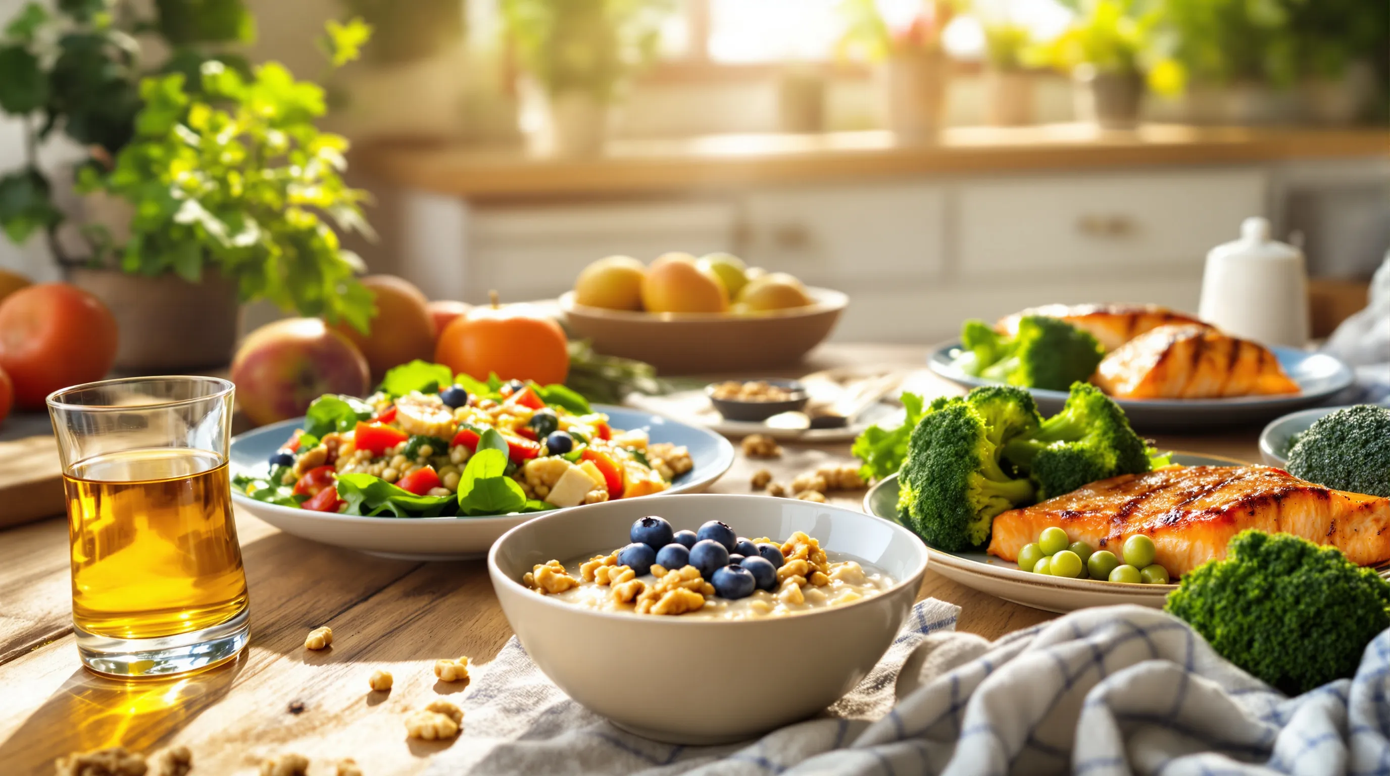 An inviting kitchen table set with a variety of anti-inflammatory meals.
