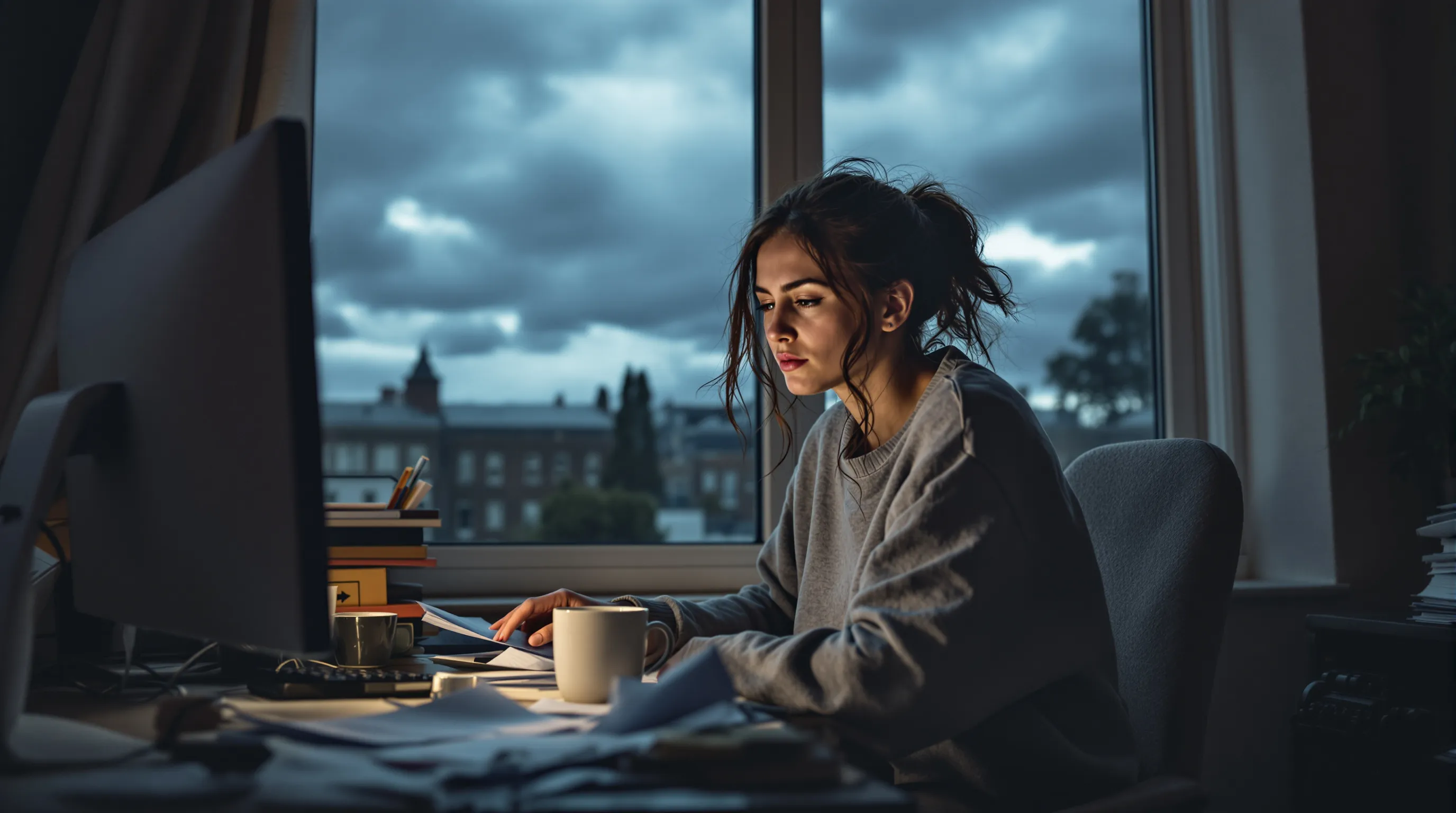 A fatigued woman in a cluttered home office shows signs of burnout.
