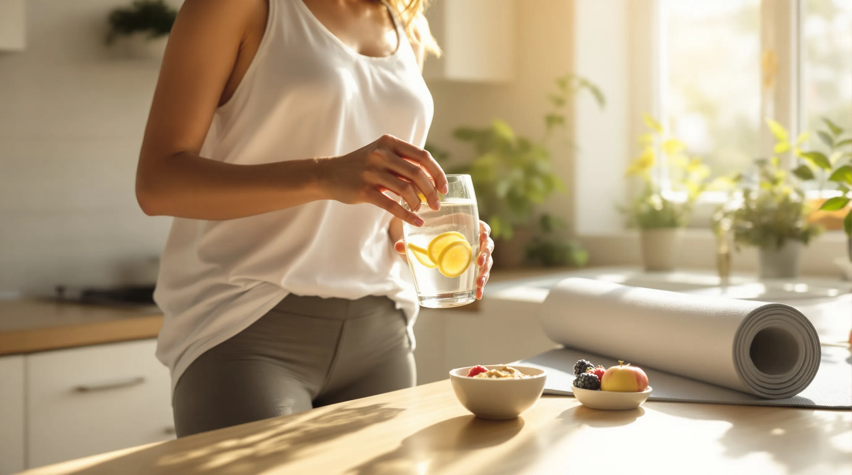 A woman prepares lemon water in a sunlit kitchen to boost energy.