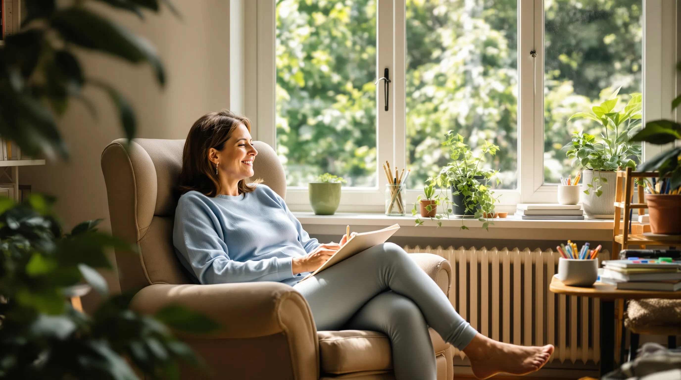 A woman resting in a cozy home office with a sketchbook on her lap.