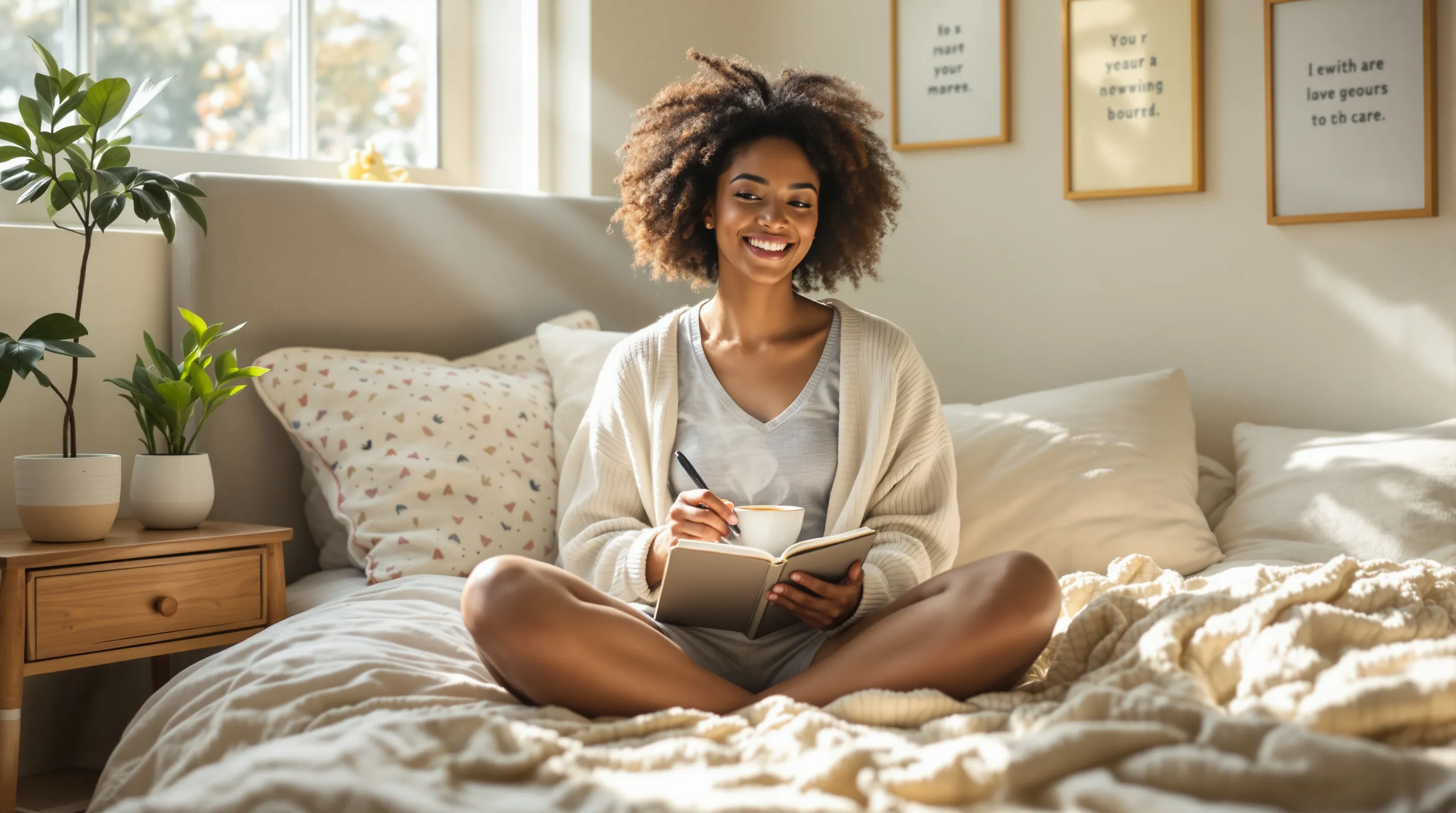 a woman practicing self-care in a sunlit bedroom, enjoying tea and journaling.