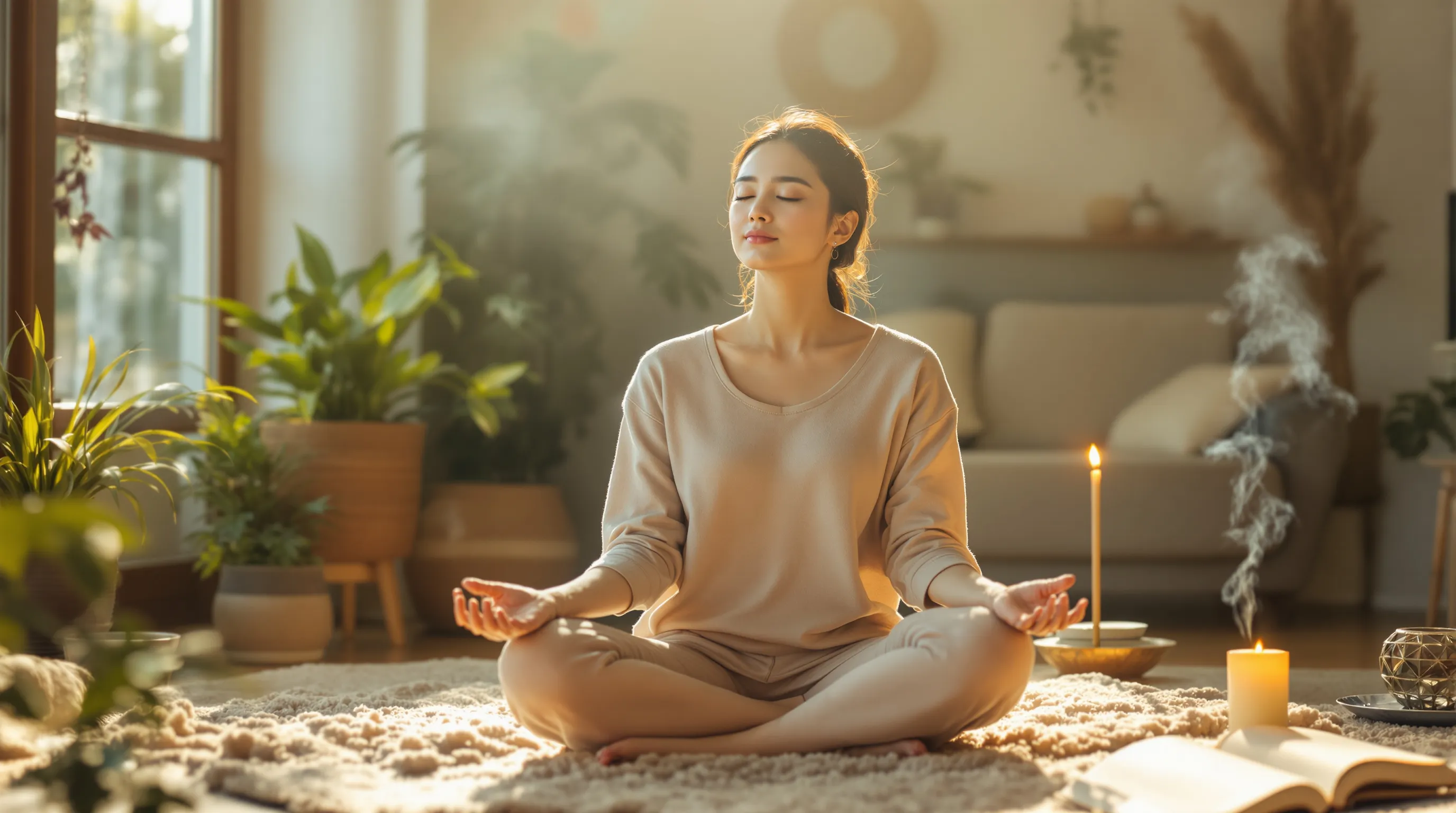 a woman meditating in a tranquil indoor space with soft lighting.
