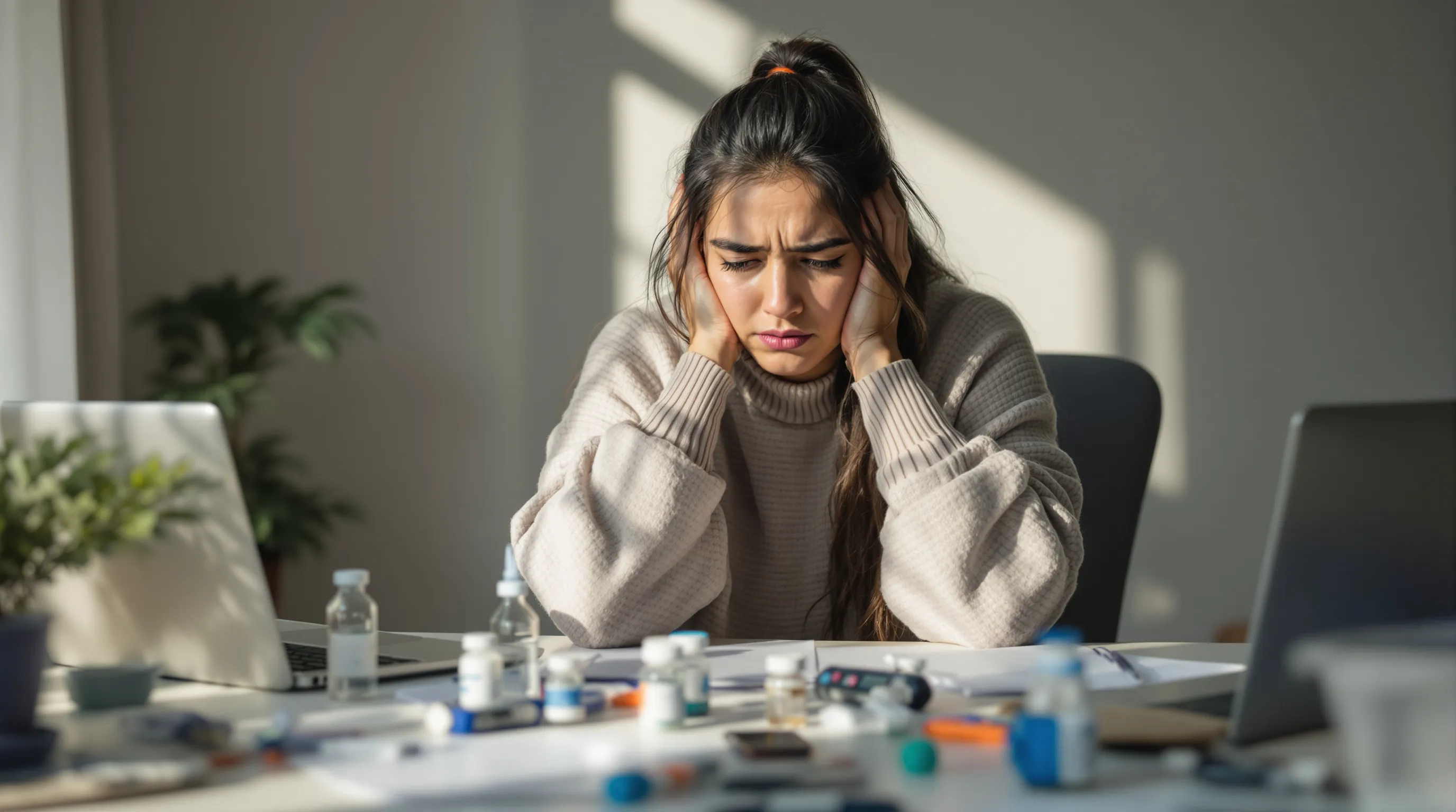 A tired woman managing diabetes at her cluttered desk.