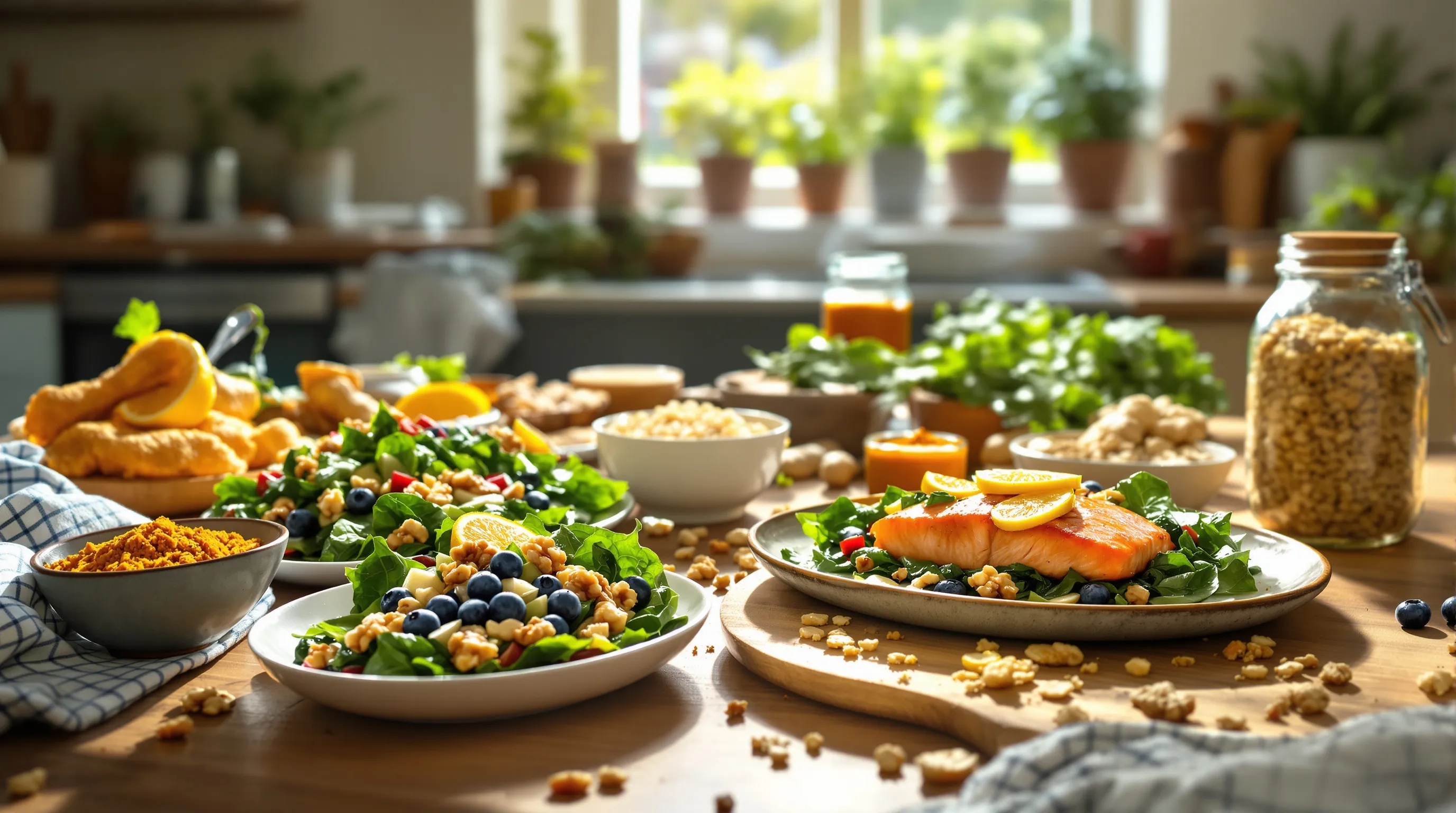 a colorful spread of healthy anti-inflammatory foods on a wooden kitchen table.