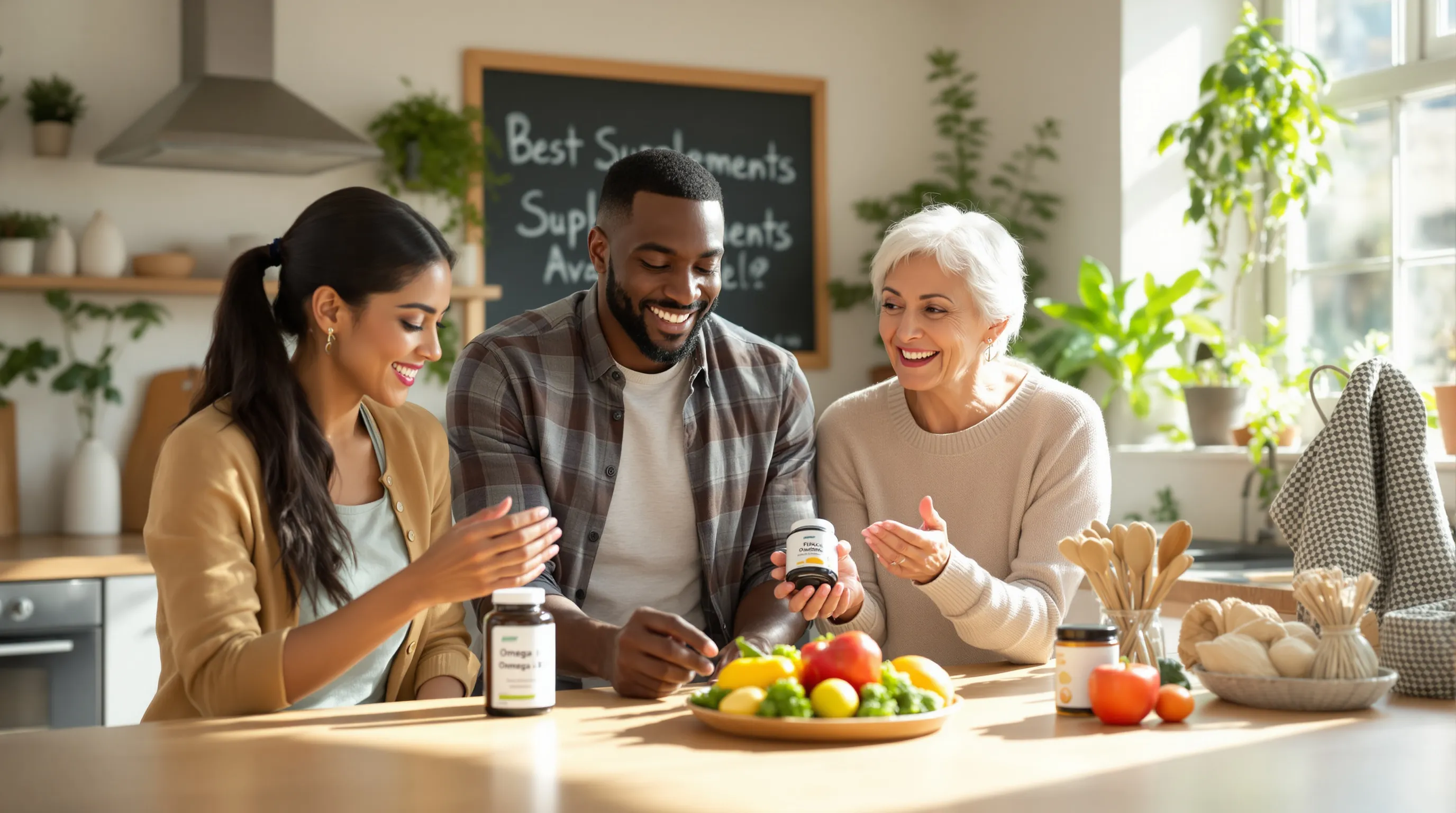 three people discussing various dietary supplements in a bright kitchen.