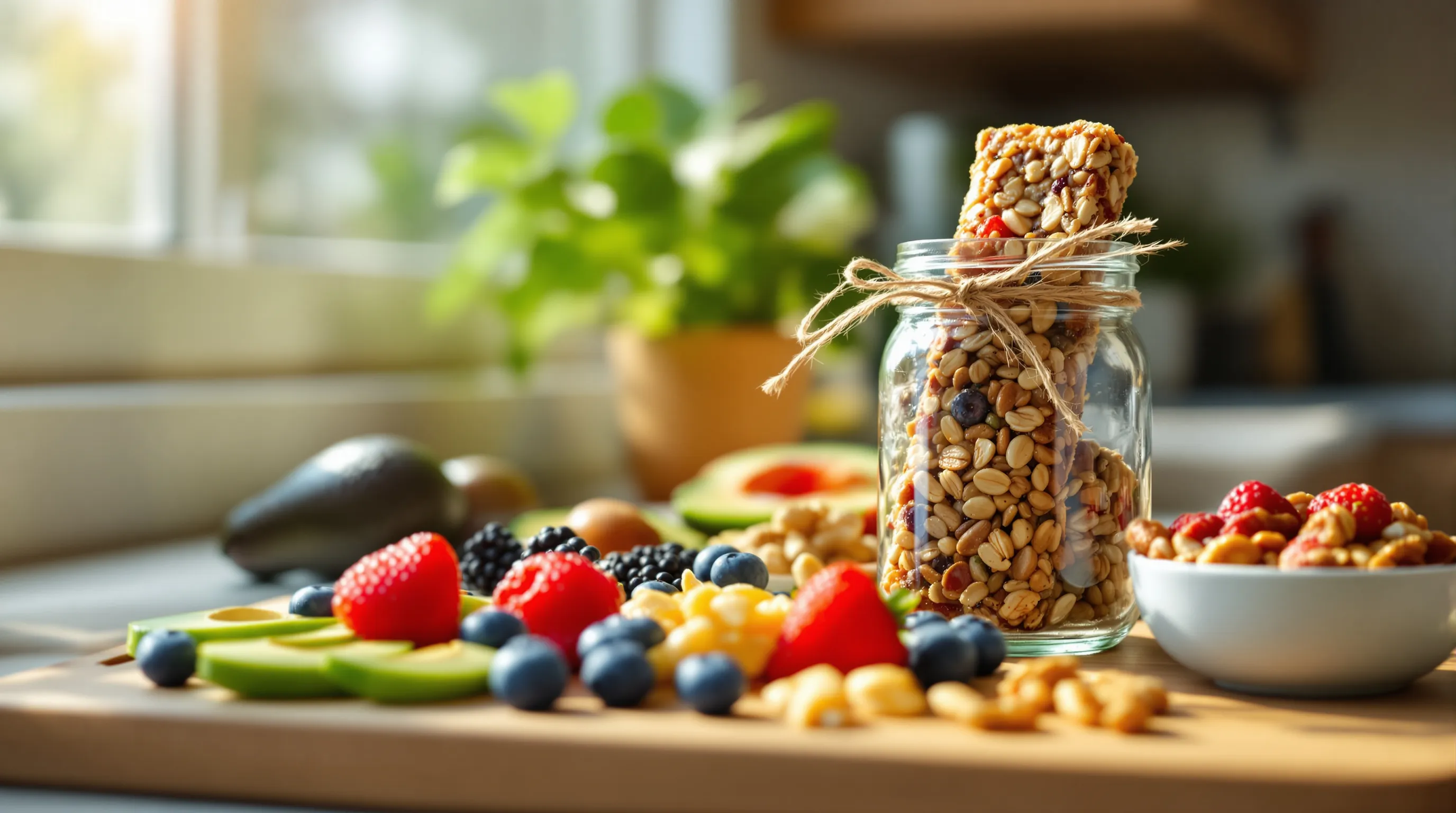 a variety of healthy snacks on a kitchen countertop.