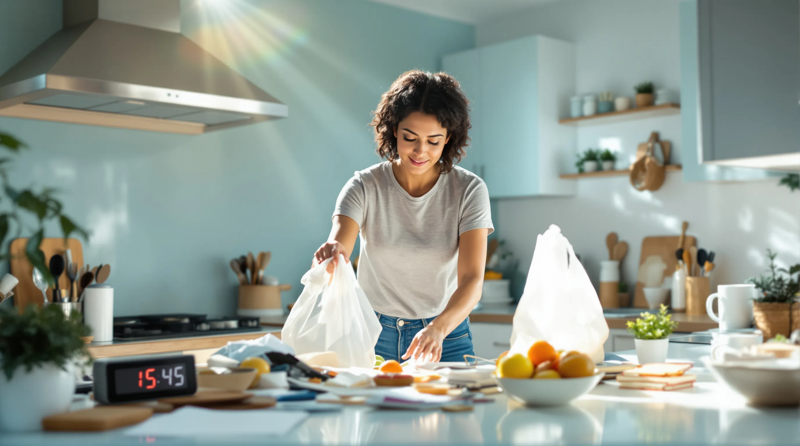 A woman decluttering her kitchen, sorting items in a bright room.