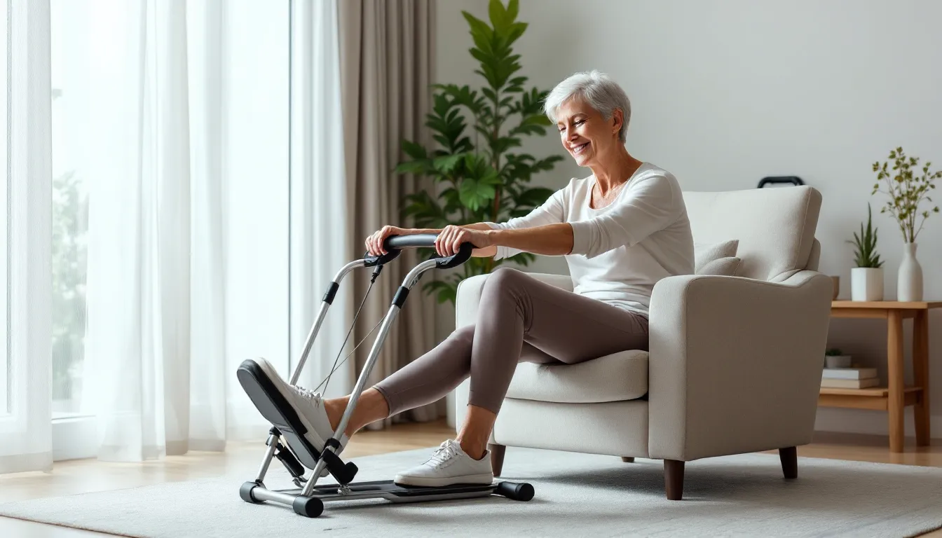 Senior woman pedaling a compact leg exerciser at home to build strength and circulation.