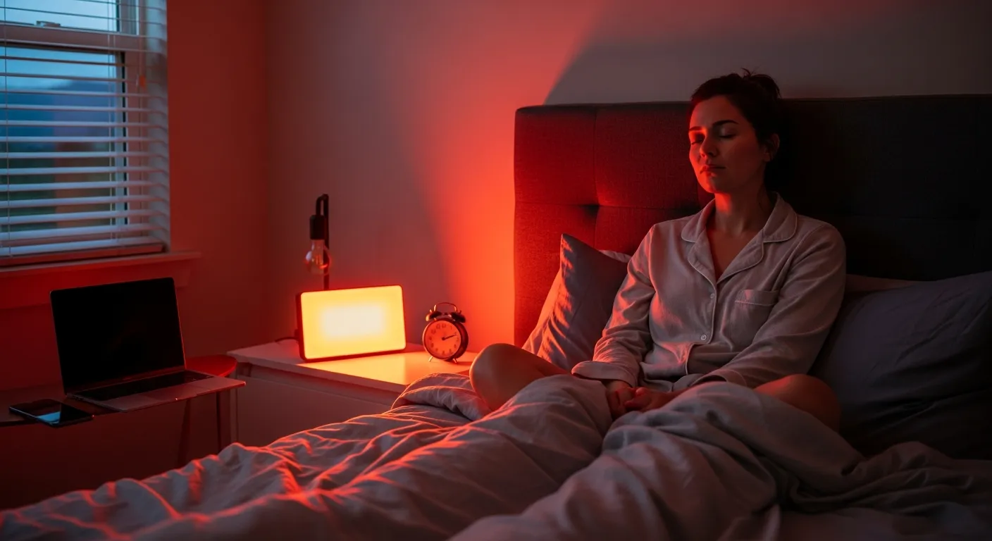 Woman relaxing in bed at night under a gentle red light therapy lamp.