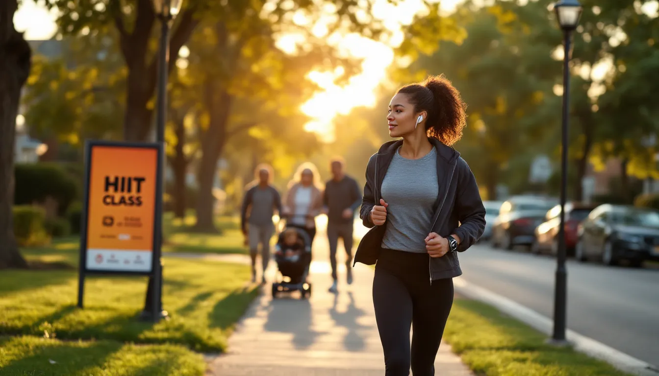 Woman briskly walking in a suburban neighborhood as an easy exercise to lose weight.