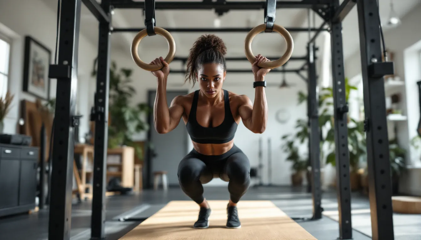 Woman doing bodyweight rows on rings in a bright home garage gym.