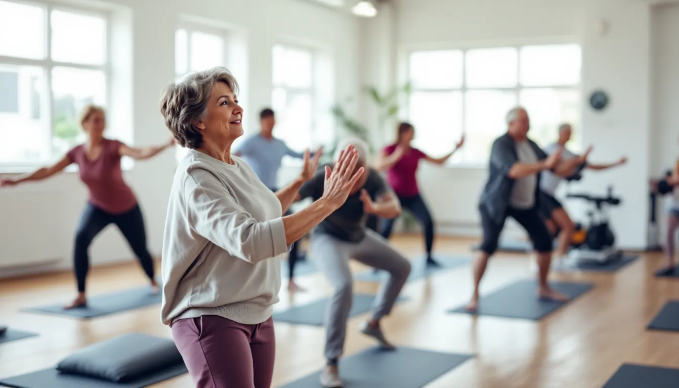 Older adults doing gentle low impact cardio exercises in a bright community fitness room.