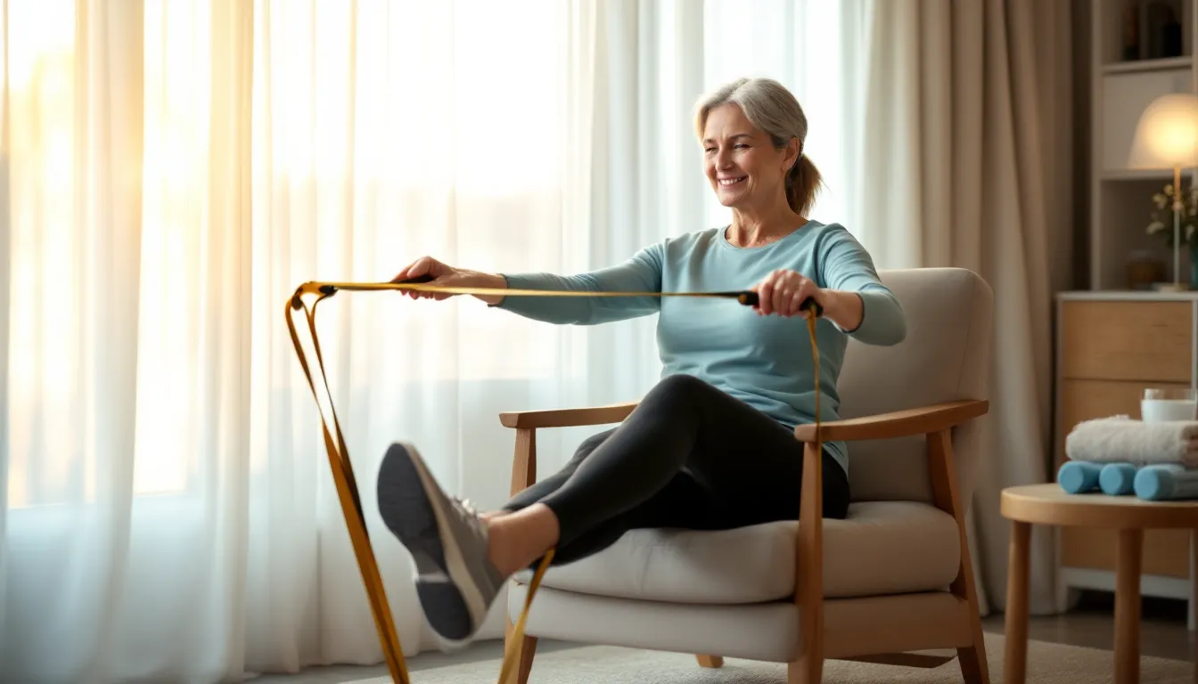 Older woman doing gentle seated leg exercise for arthritis in a bright living room.