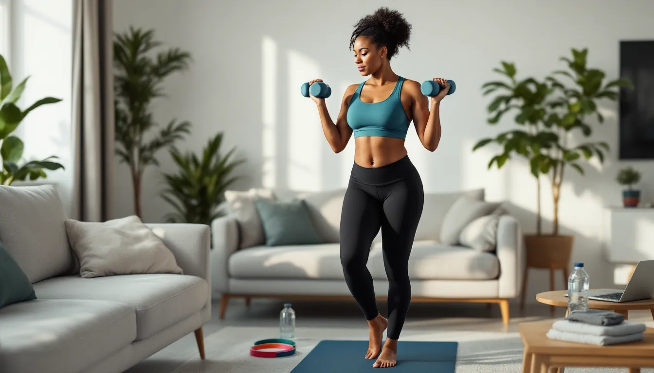 Middle-aged woman doing core workout at home with visual overlay of belly fat types.