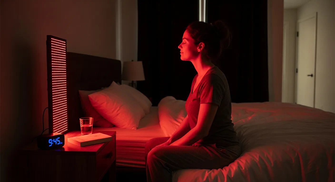 Woman using a red light therapy panel in a dim bedroom before sleep.