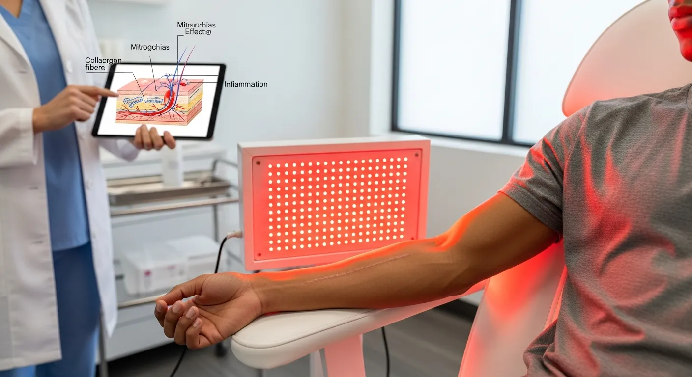 Patient receiving red light therapy on forearm scar in a modern clinic.