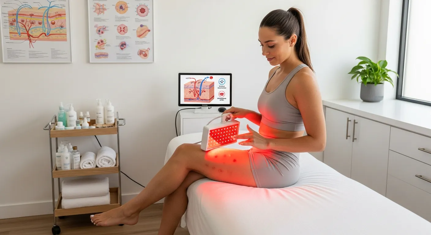 Woman receiving red light therapy on thigh cellulite in a modern wellness clinic.