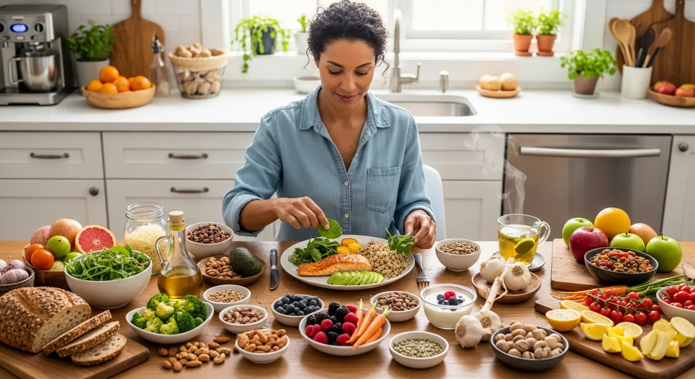 Middle-aged woman assembling a colorful, longevity-focused meal from whole, plant-rich foods.
