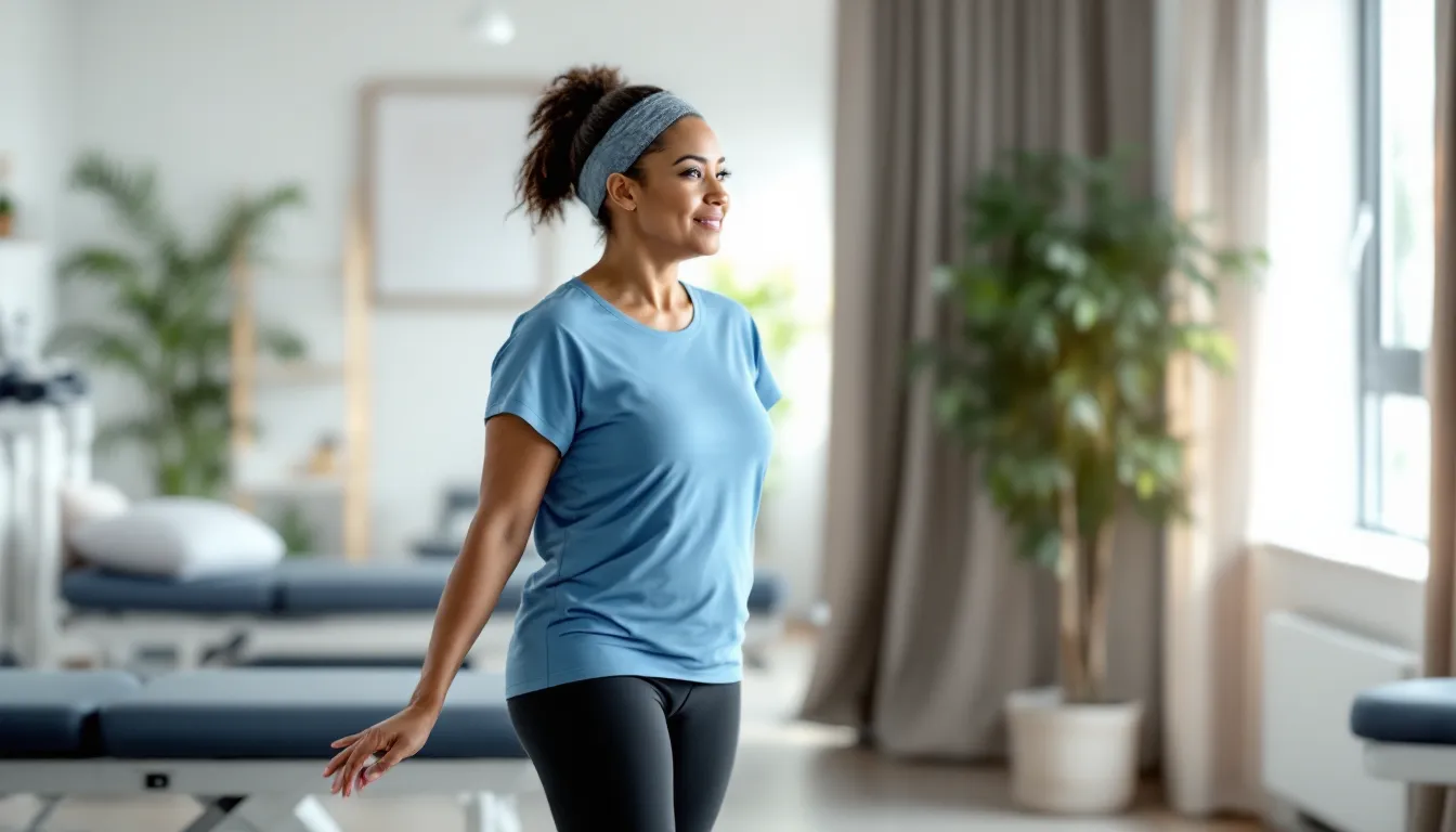 Woman doing supported mini-squat for knee pain under a physical therapist’s guidance.