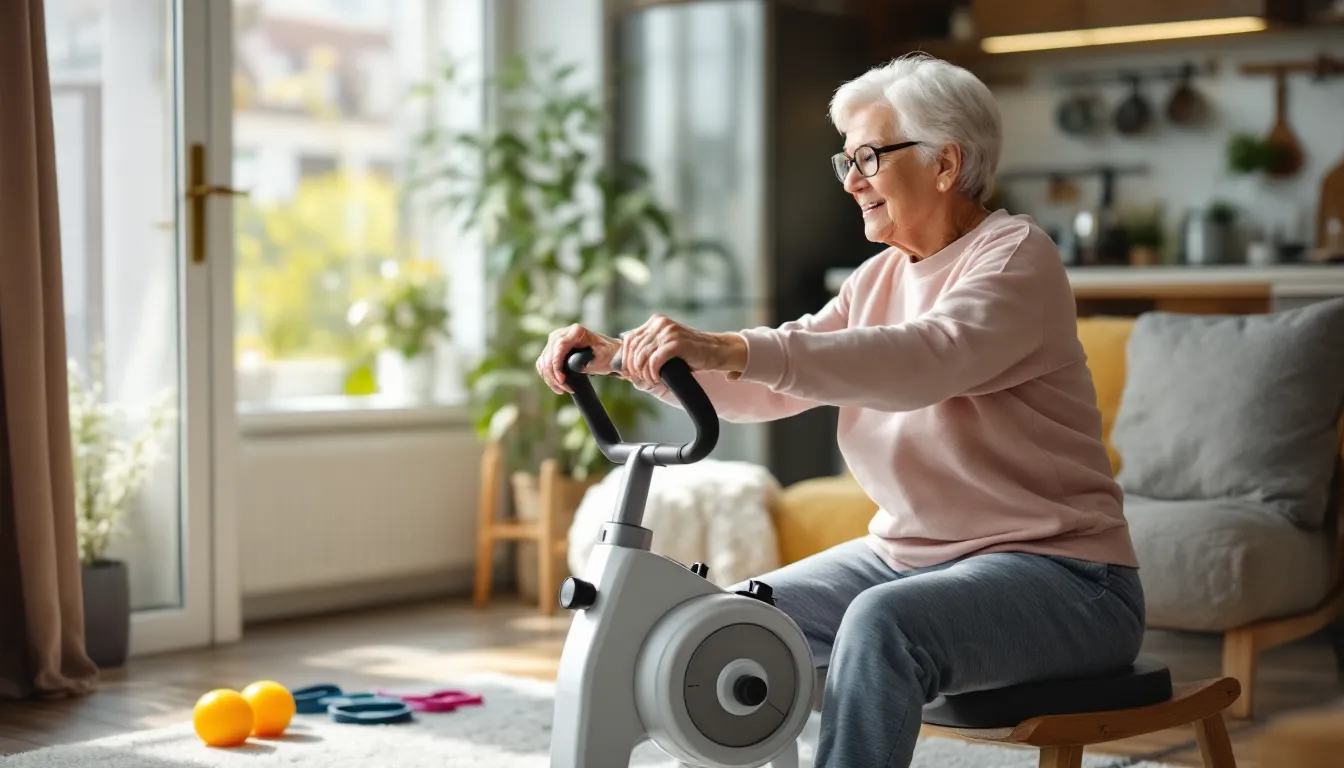 Senior woman pedaling a mini leg exerciser in a cozy living room.
