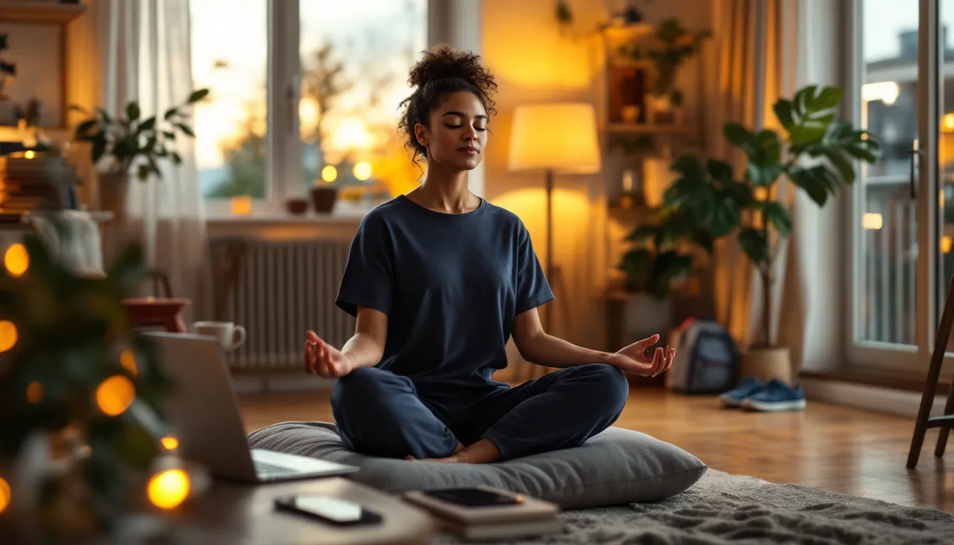 Busy professional meditating on a floor cushion in a modern apartment at dusk.