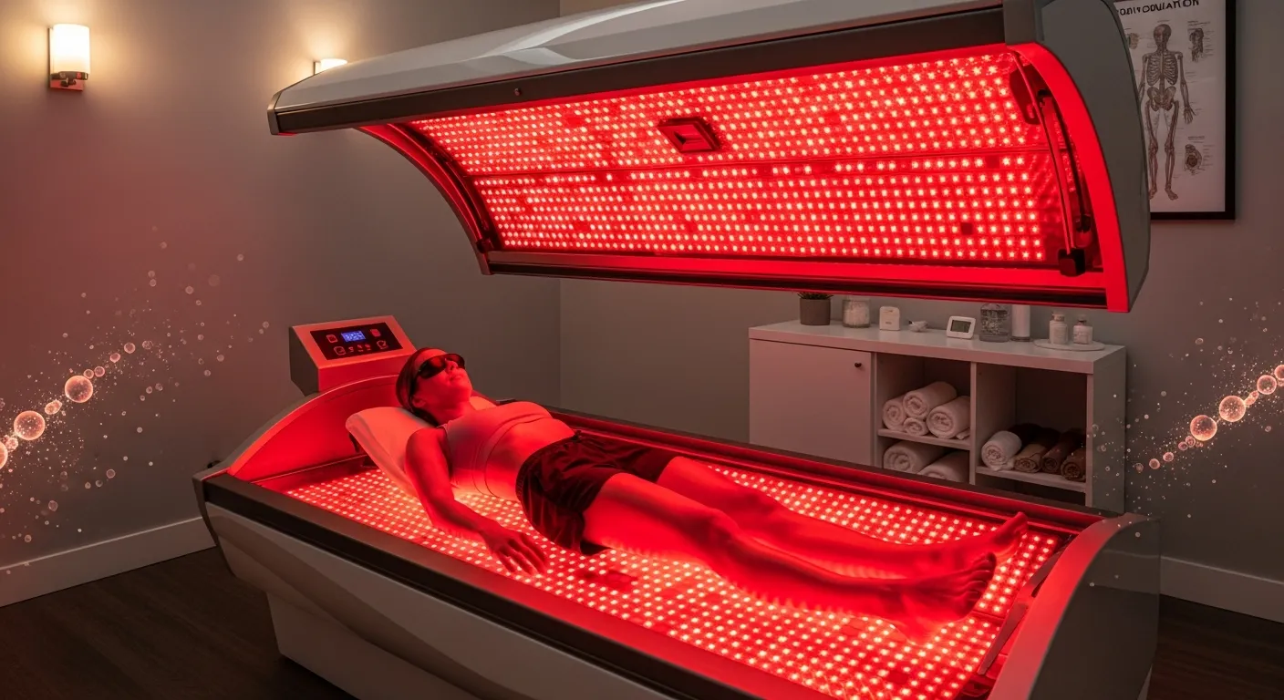 Woman relaxing in a red light therapy bed in a modern wellness clinic.